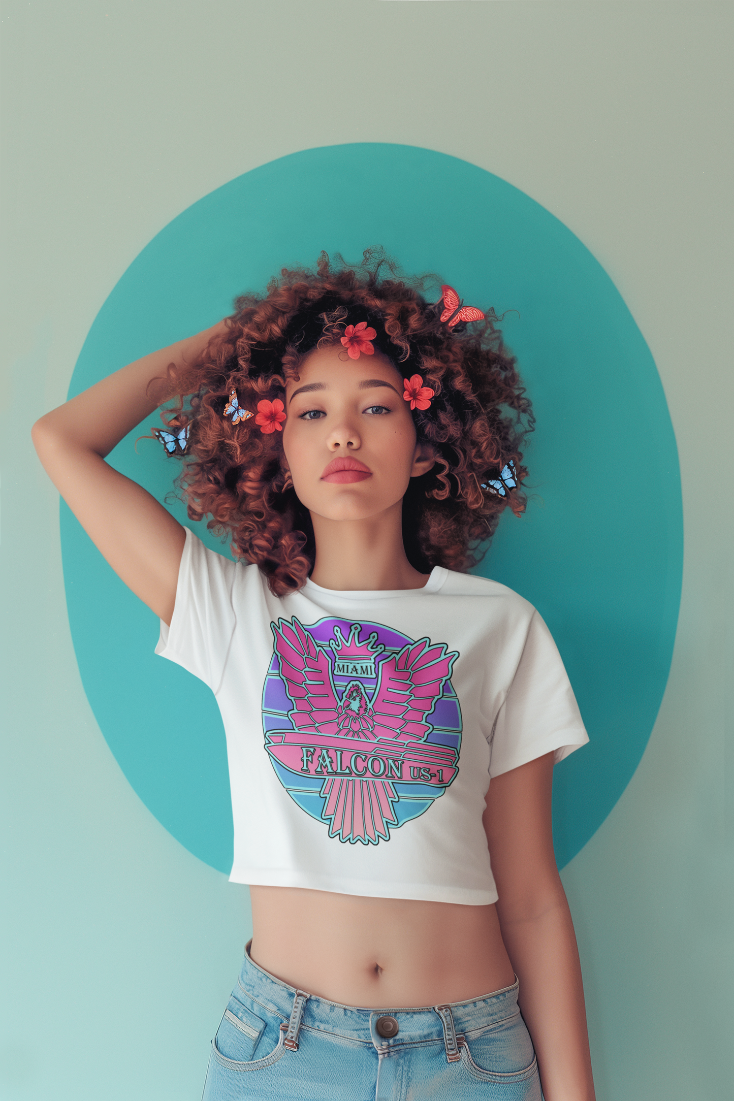 Women’s Crop Tee - Falcon US-1 Retro Pink Sunburst Logo