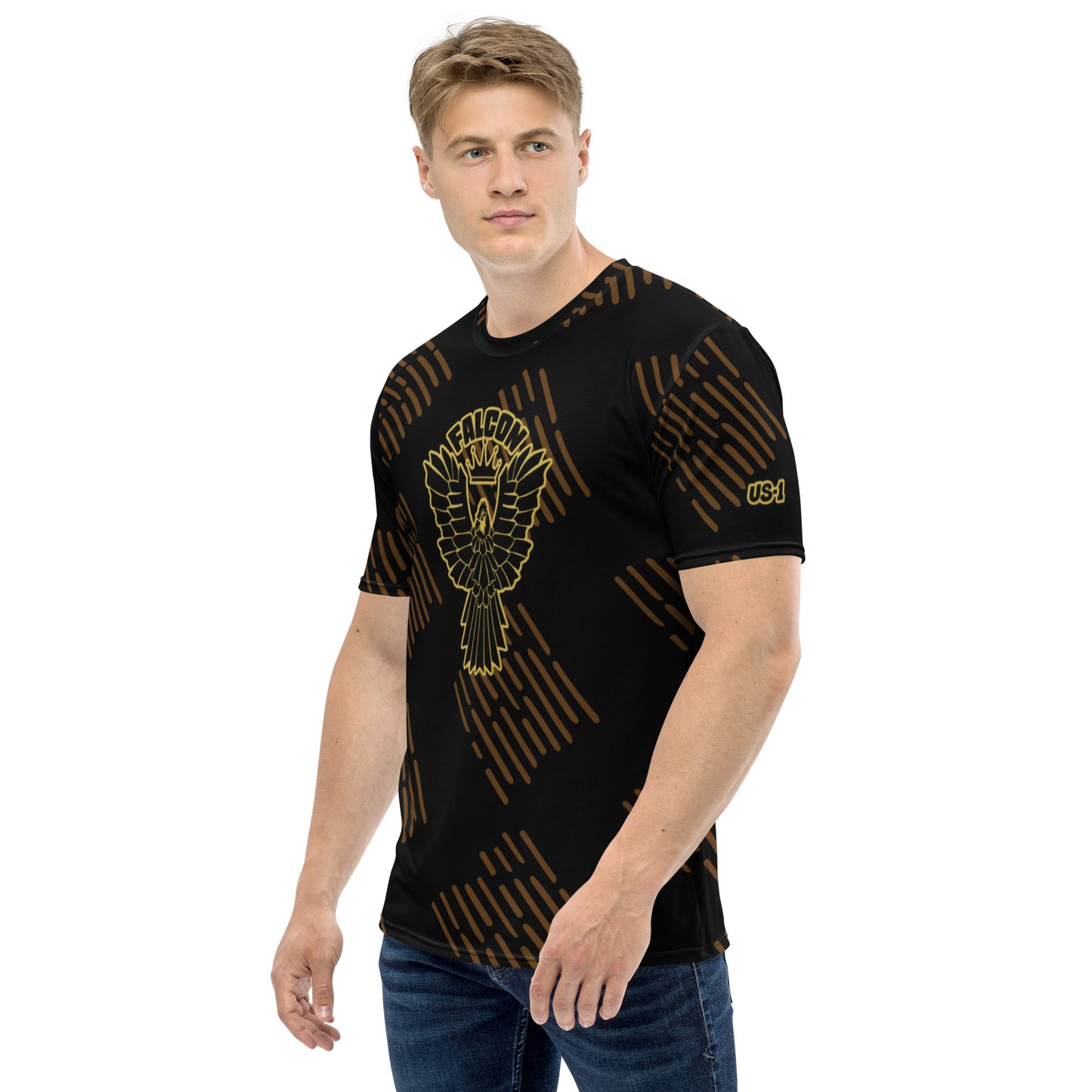 Men's t-shirt - Black\Gold Falcon Logo (Premium knit mid-weight jersey, runs Long)