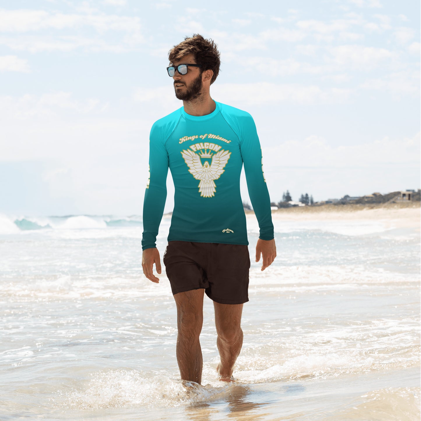 Men's Rash Guard- White\Gold Falcon Logo- Kings of Miami Edition(Thick material\slim-fitted)