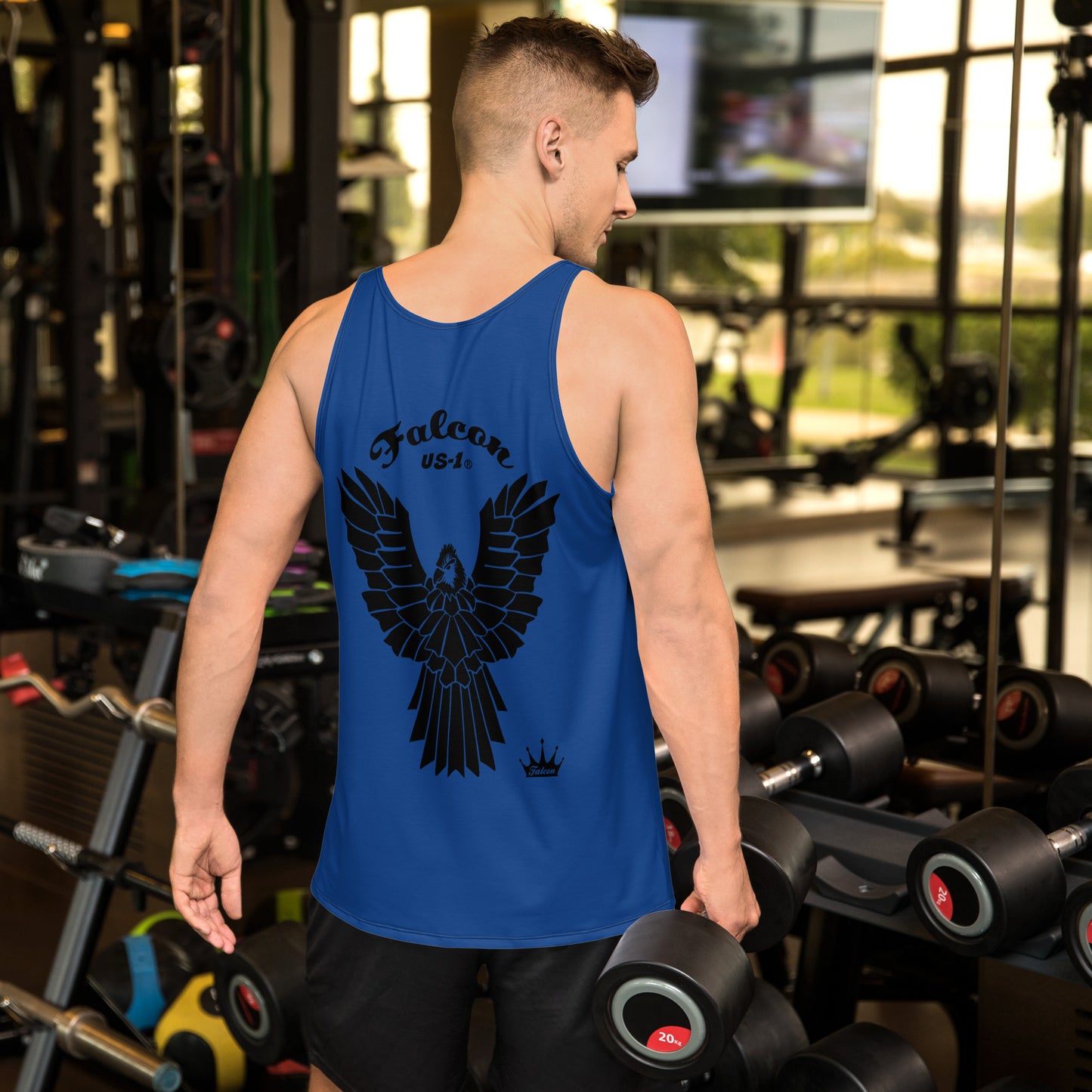 Unisex Tank Top- Falcon US-1 Black Logo on Blue
