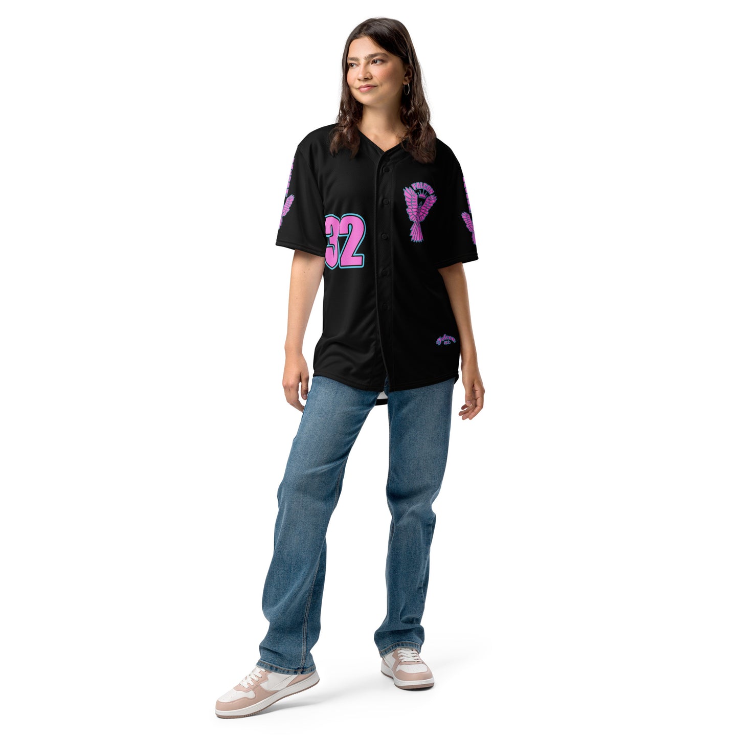 Recycled baseball jersey- Retro\Pink Falcon Logo on Black