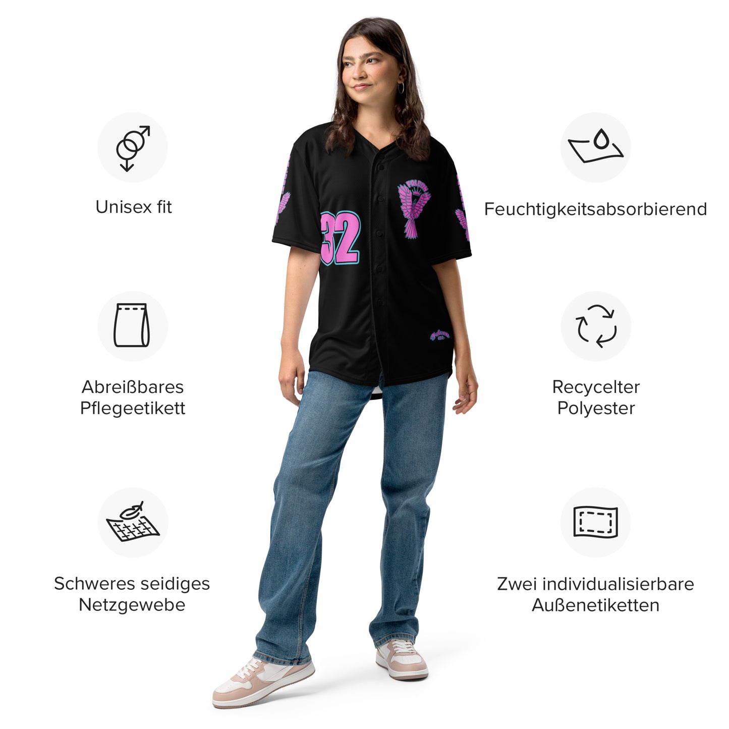 Recycled baseball jersey- Retro\Pink Falcon Logo on Black