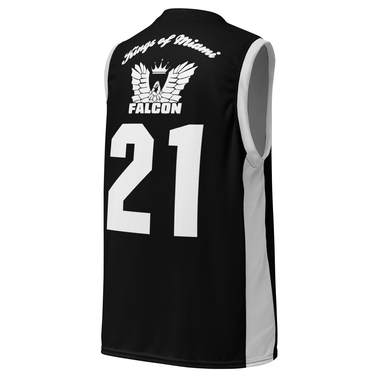 Recycled unisex basketball jersey- White Falcon Logo on Black