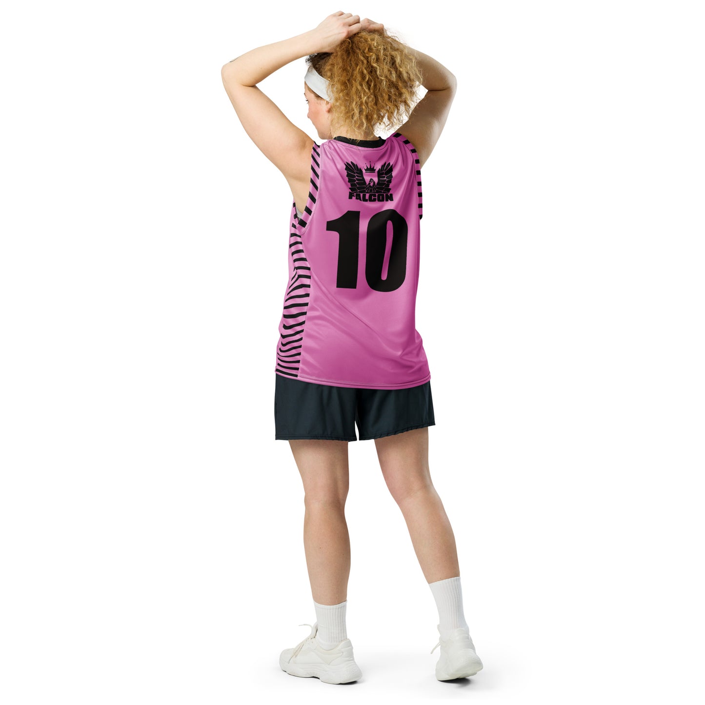 Recycled unisex basketball jersey- Black Falcon Logo on Pink