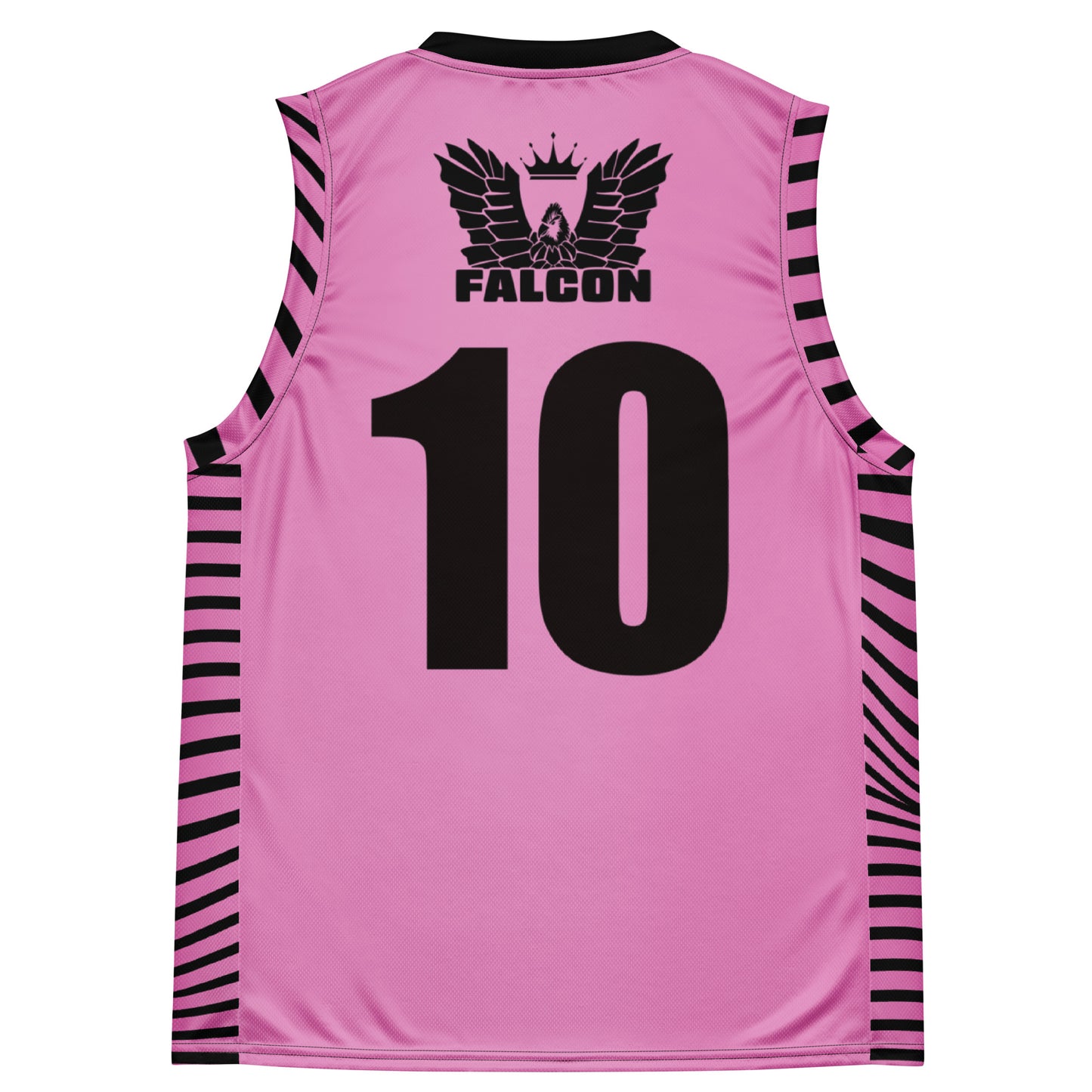 Recycled unisex basketball jersey- Black Falcon Logo on Pink