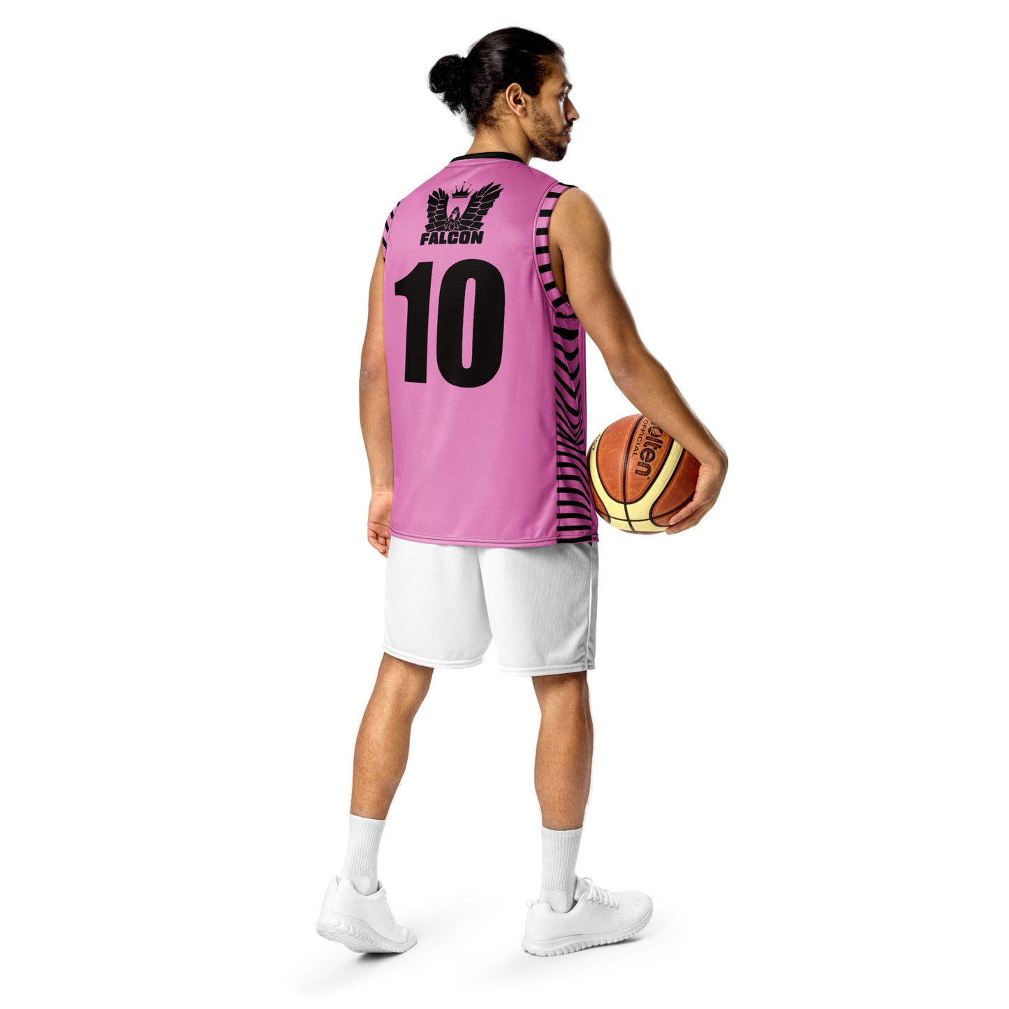 Recycled unisex basketball jersey- Black Falcon Logo on Pink