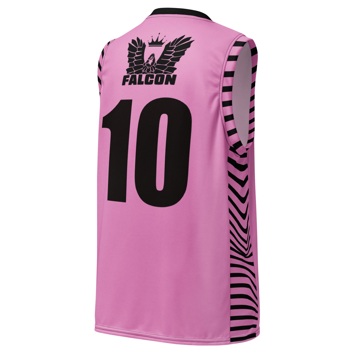 Recycled unisex basketball jersey- Black Falcon Logo on Pink