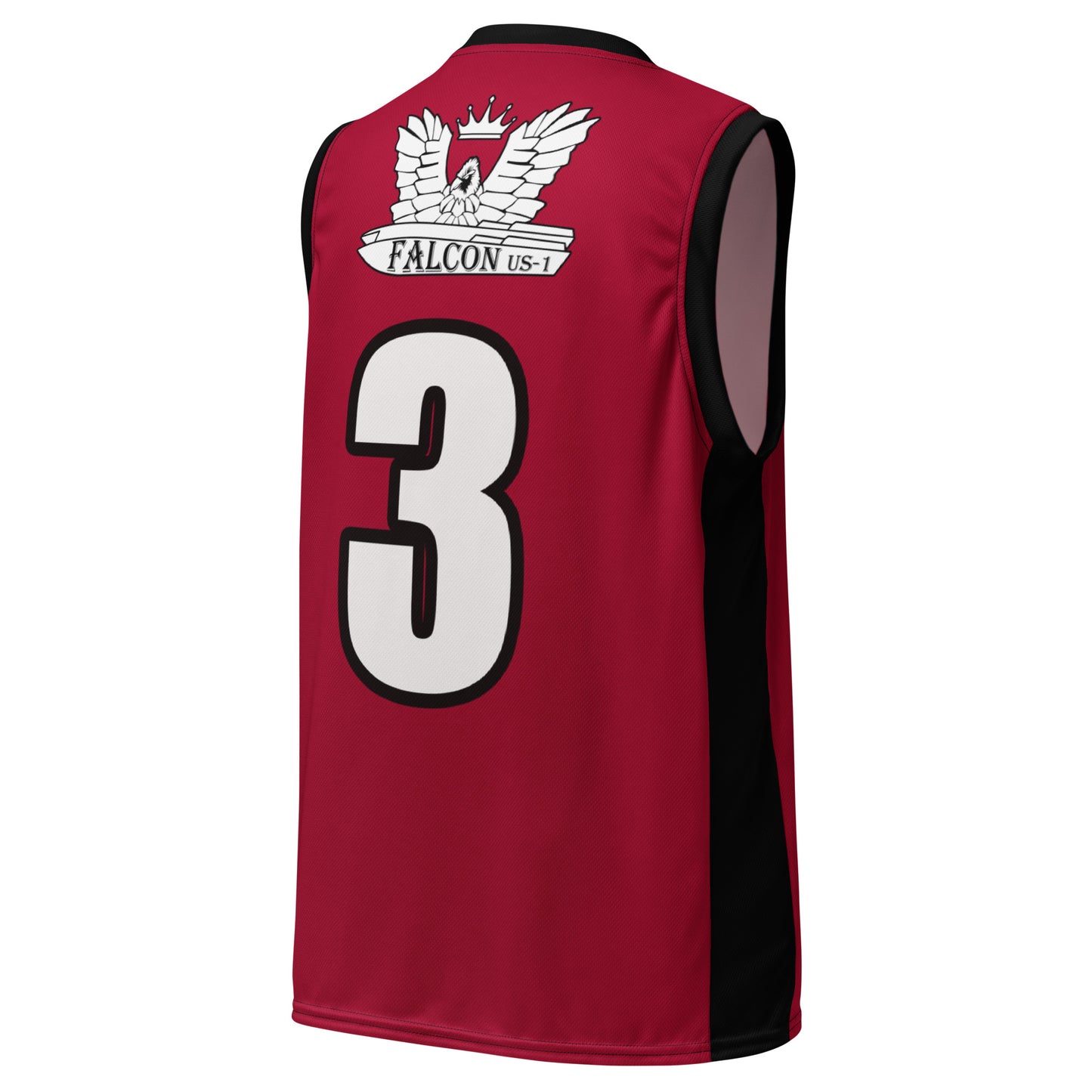 Recycled unisex basketball jersey - White Falcon Logo on red