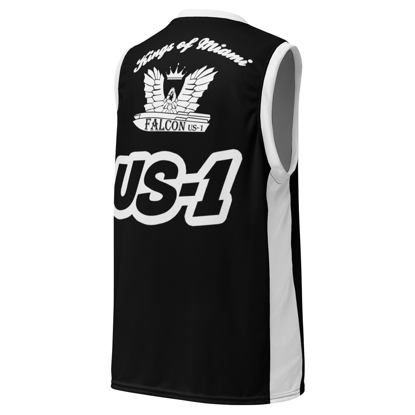 Recycled unisex basketball jersey- white\ Falcon Logo Kings of Miami on Back