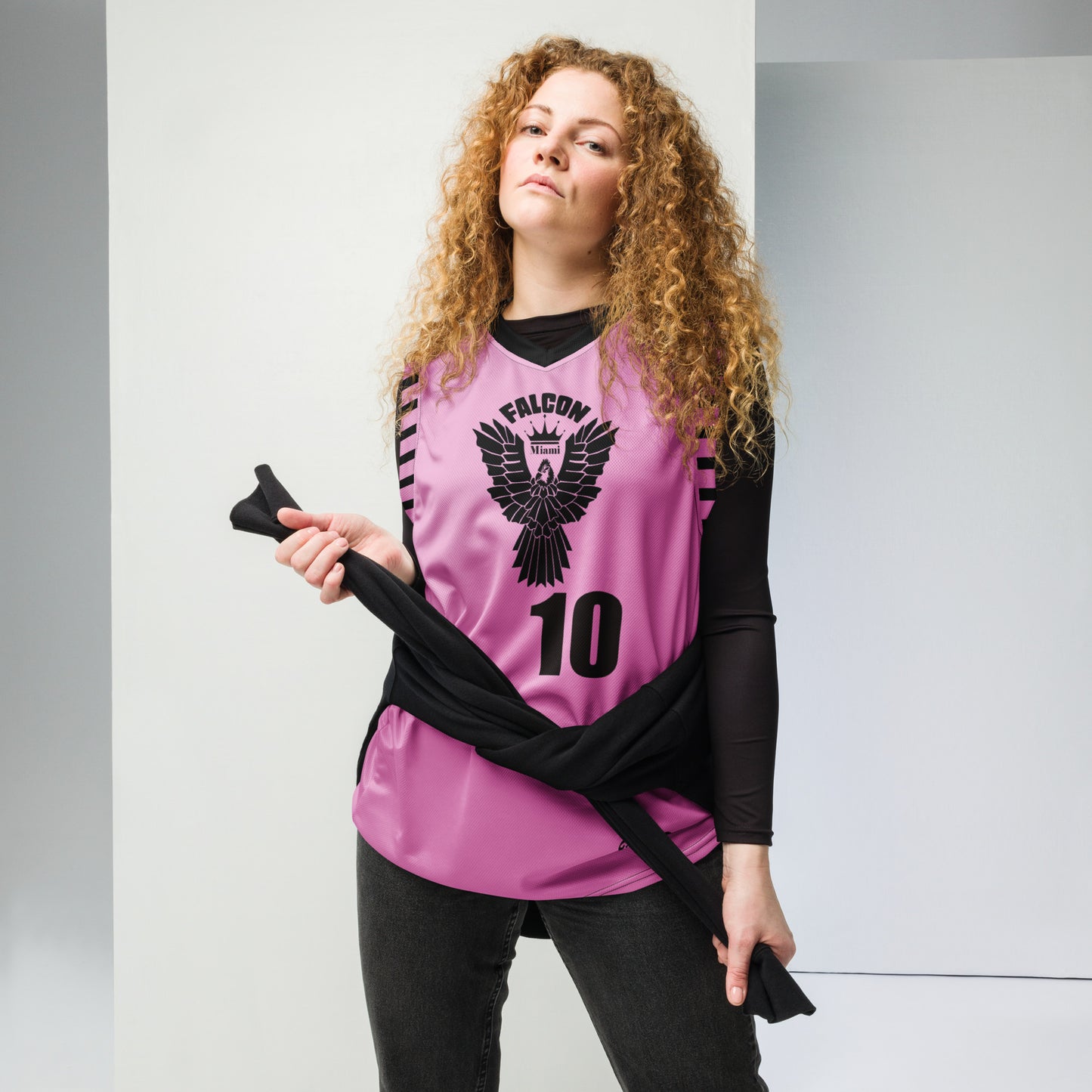 Recycled unisex basketball jersey- Black Falcon Logo on Pink