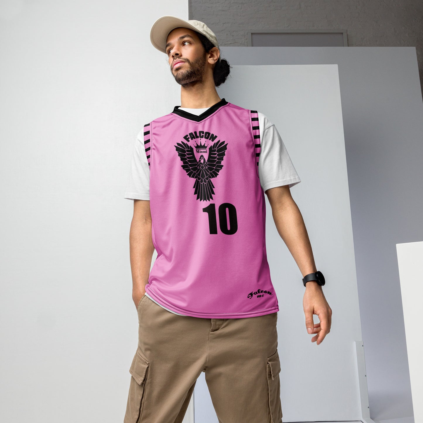 Recycled unisex basketball jersey- Black Falcon Logo on Pink