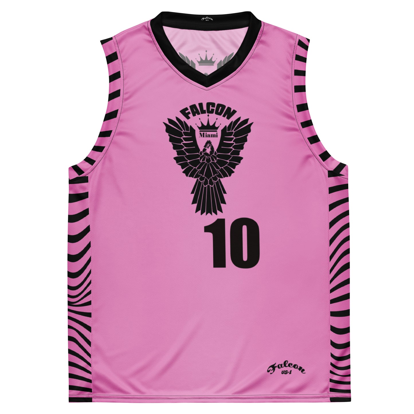 Recycled unisex basketball jersey- Black Falcon Logo on Pink