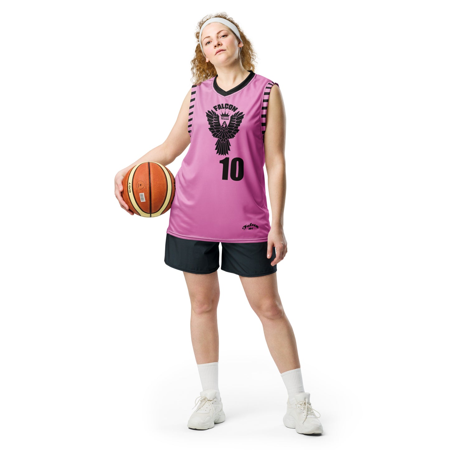 Recycled unisex basketball jersey- Black Falcon Logo on Pink