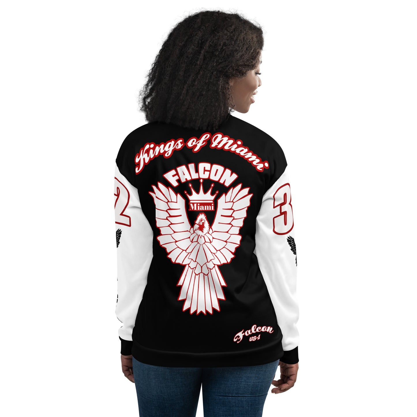 Unisex Bomber Jacket- White\Red Falcon Logo- Kings of Miami on Back