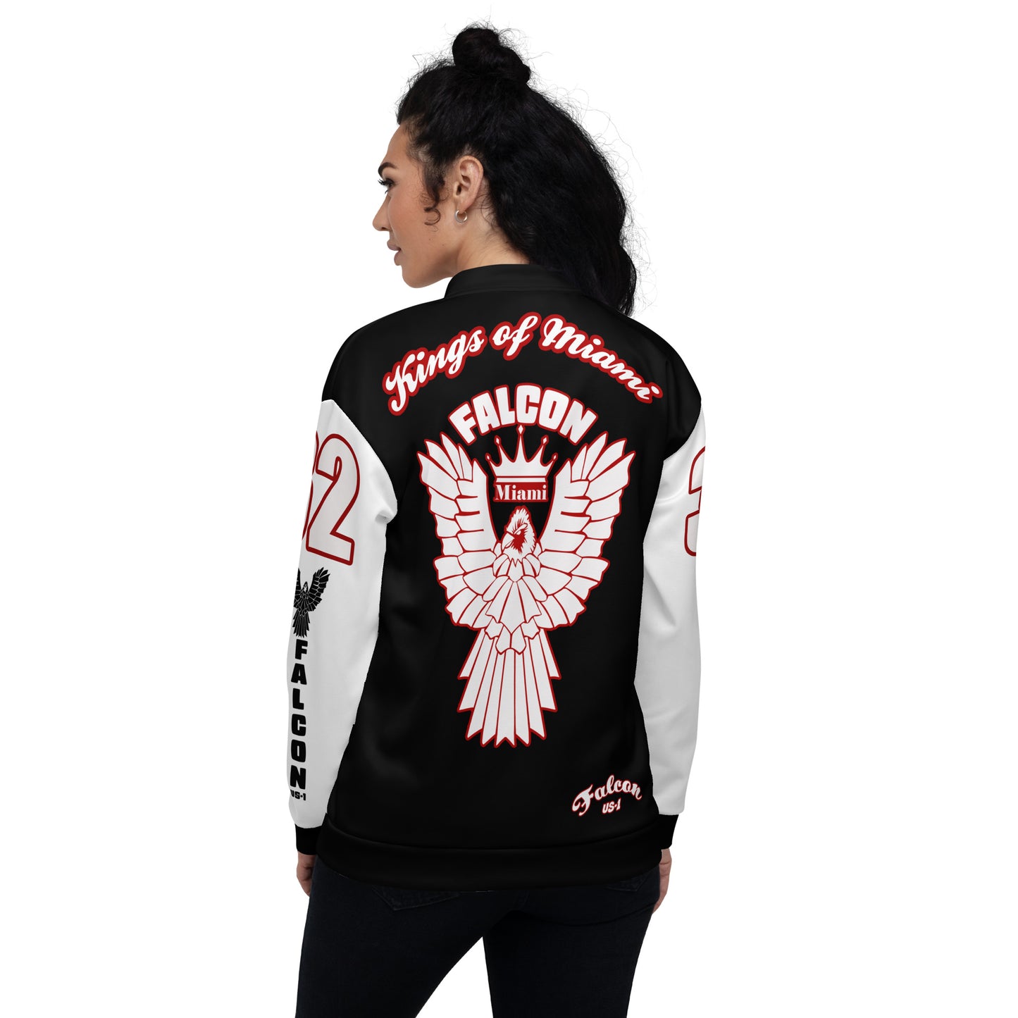 Unisex Bomber Jacket- White\Red Falcon Logo- Kings of Miami on Back
