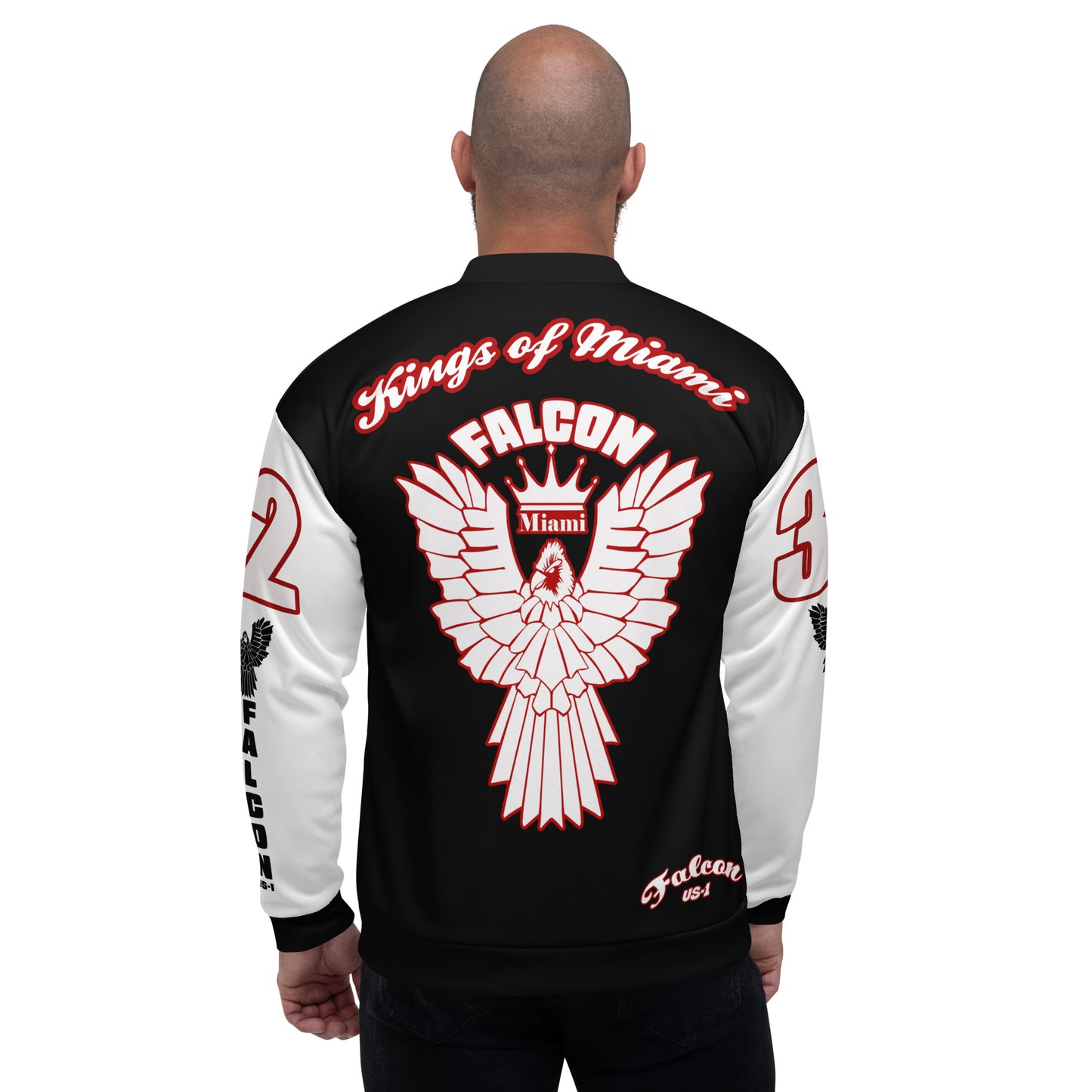 Unisex Bomber Jacket- White\Red Falcon Logo- Kings of Miami on Back