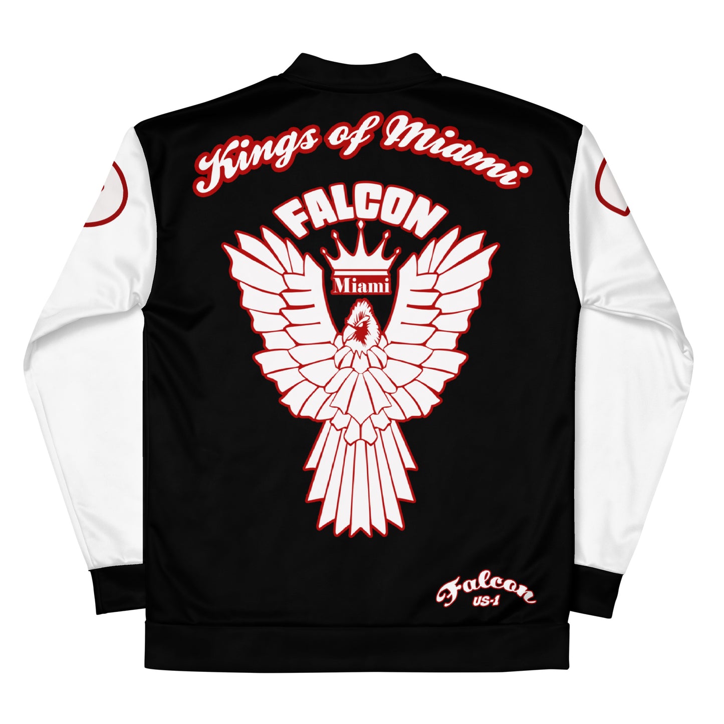 Unisex Bomber Jacket- White\Red Falcon Logo- Kings of Miami on Back