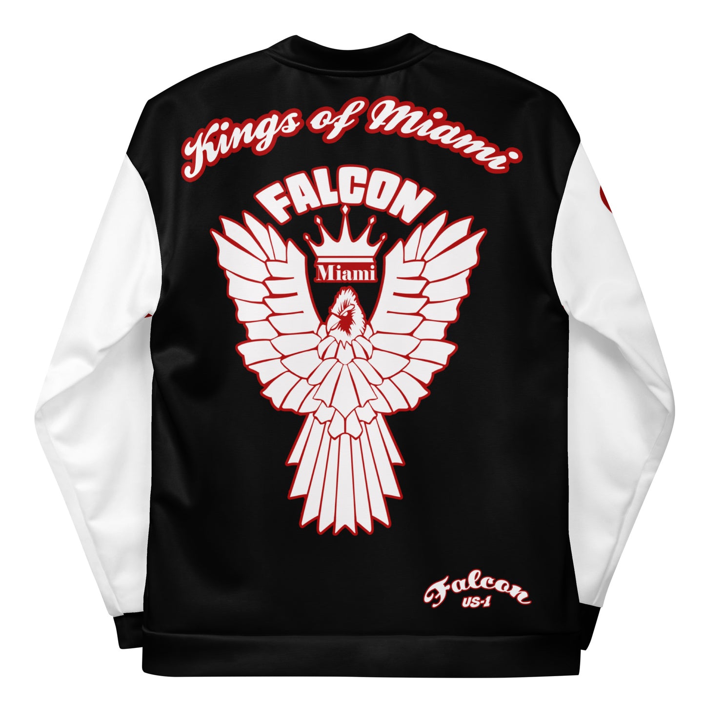 Unisex Bomber Jacket- White\Red Falcon Logo- Kings of Miami on Back