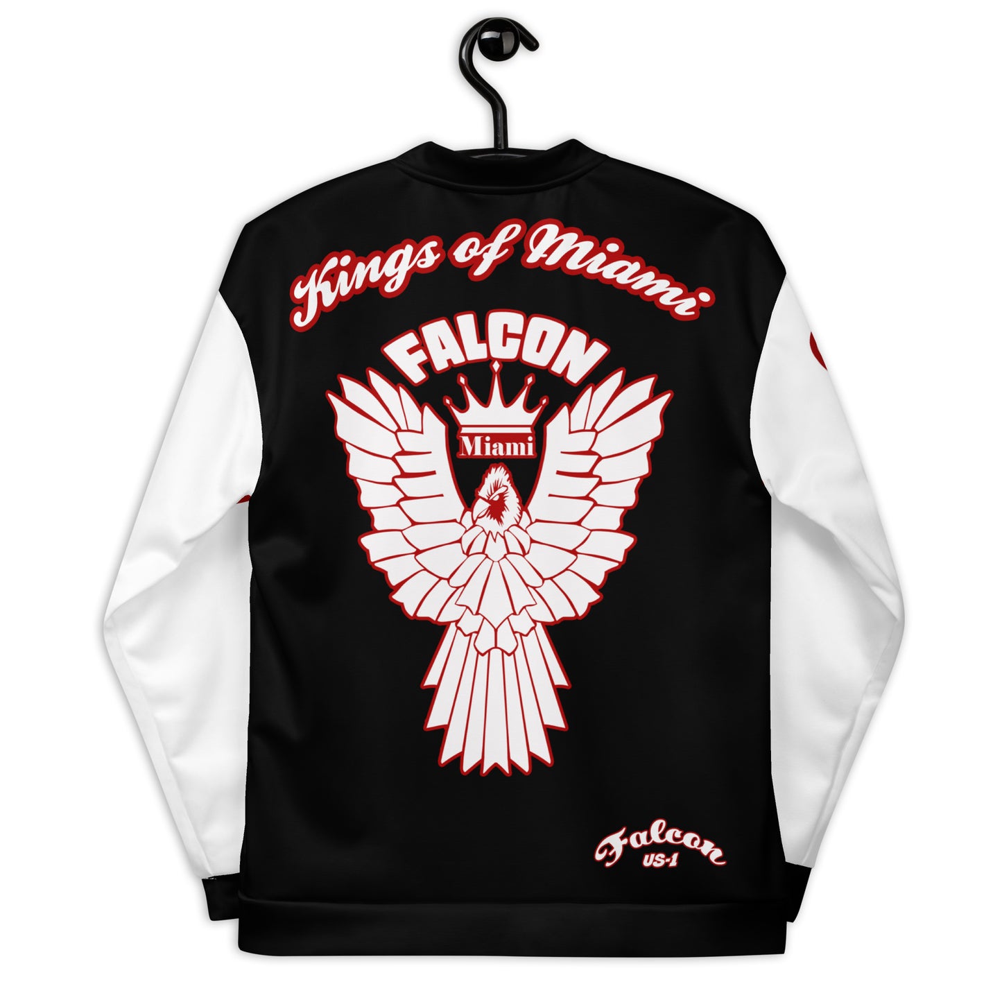 Unisex Bomber Jacket- White\Red Falcon Logo- Kings of Miami on Back