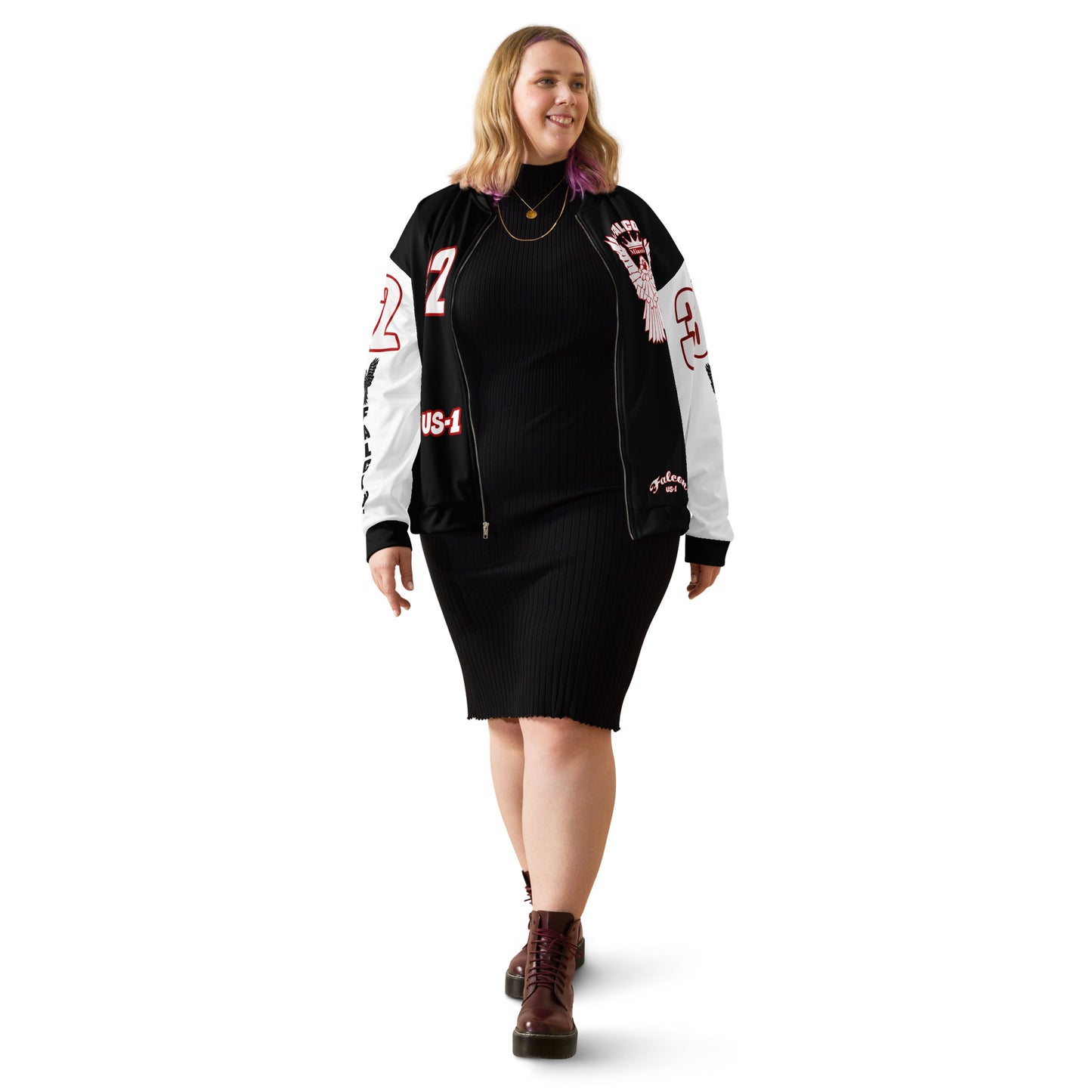 Unisex Bomber Jacket- White\Red Falcon Logo- Kings of Miami on Back