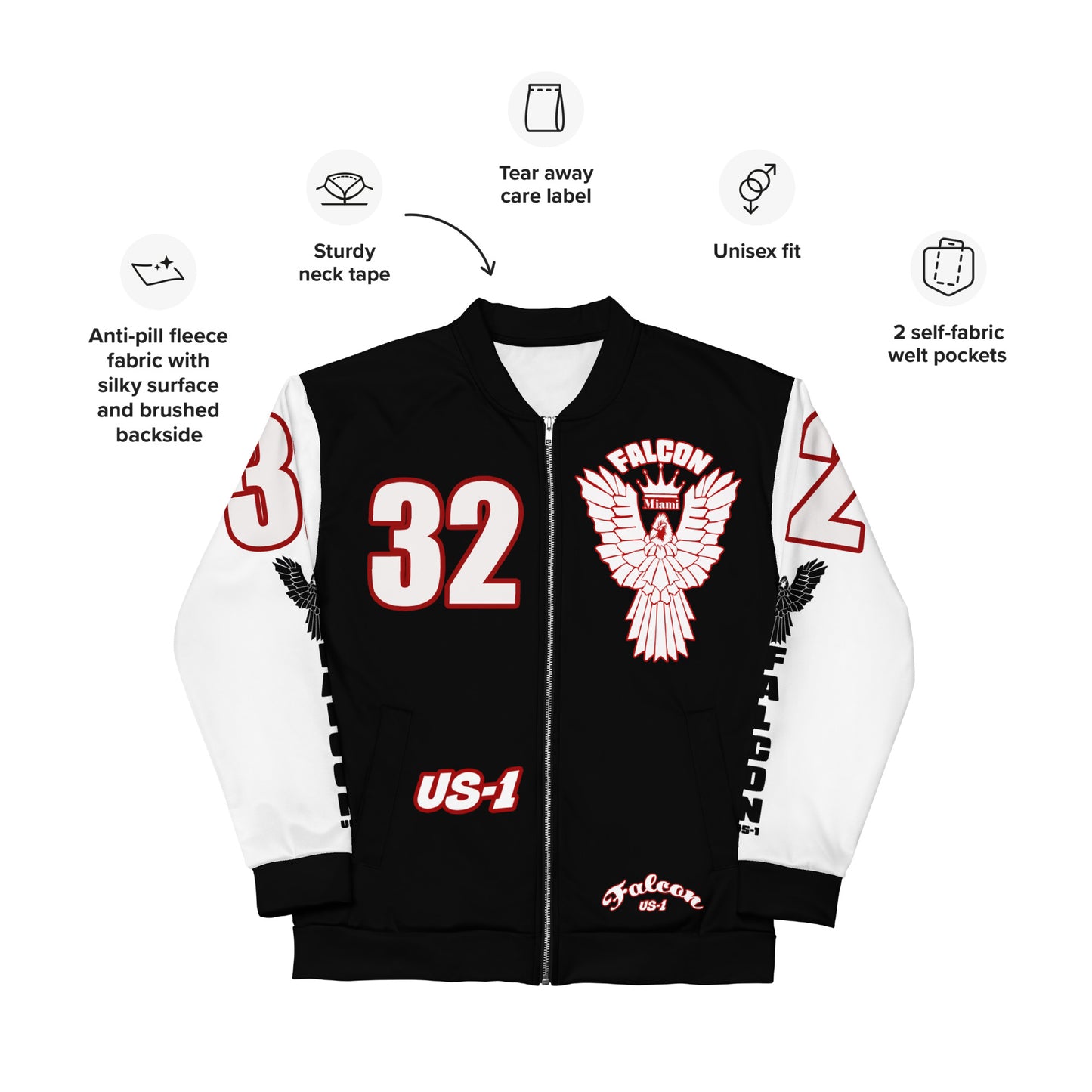 Unisex Bomber Jacket- White\Red Falcon Logo- Kings of Miami on Back