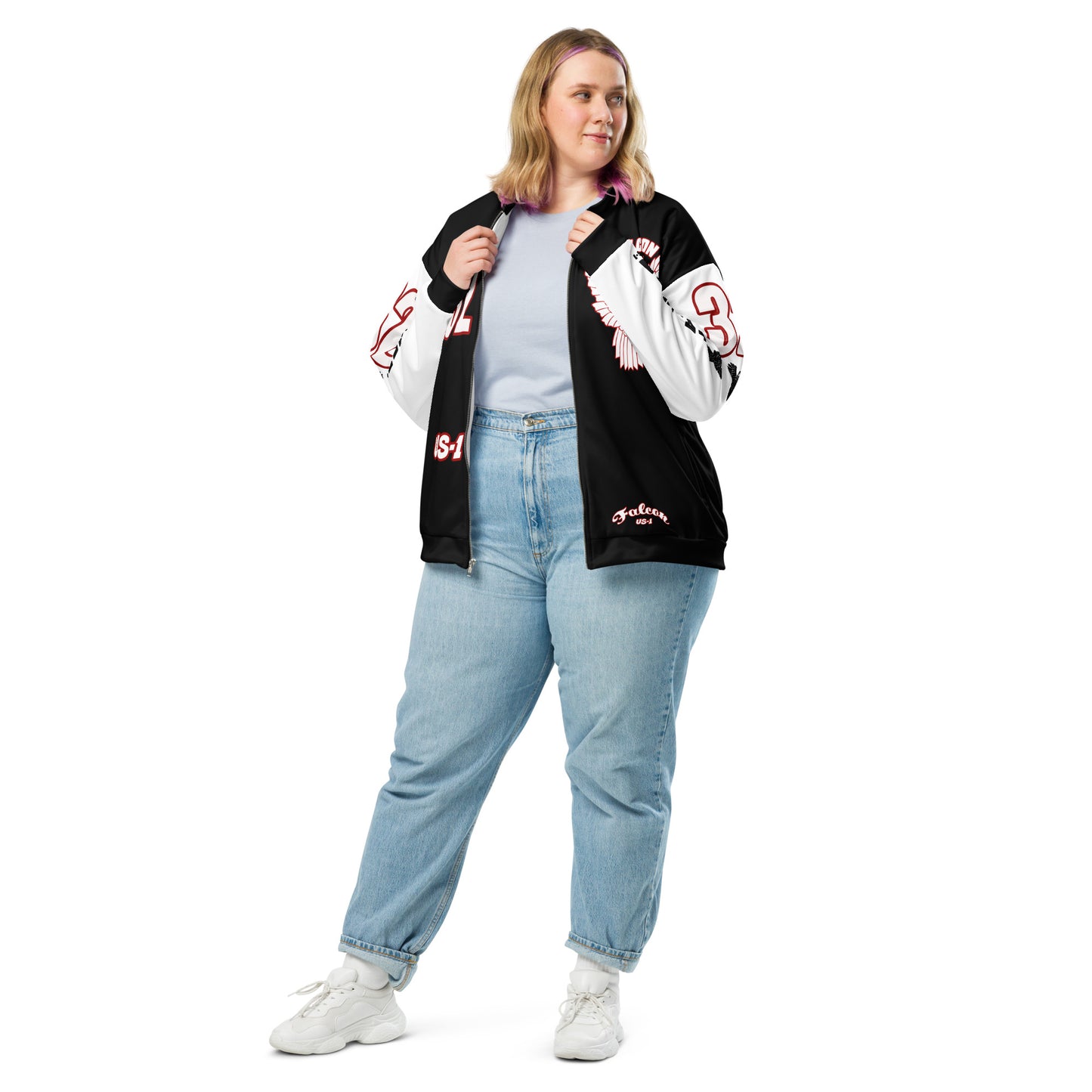 Unisex Bomber Jacket- White\Red Falcon Logo- Kings of Miami on Back