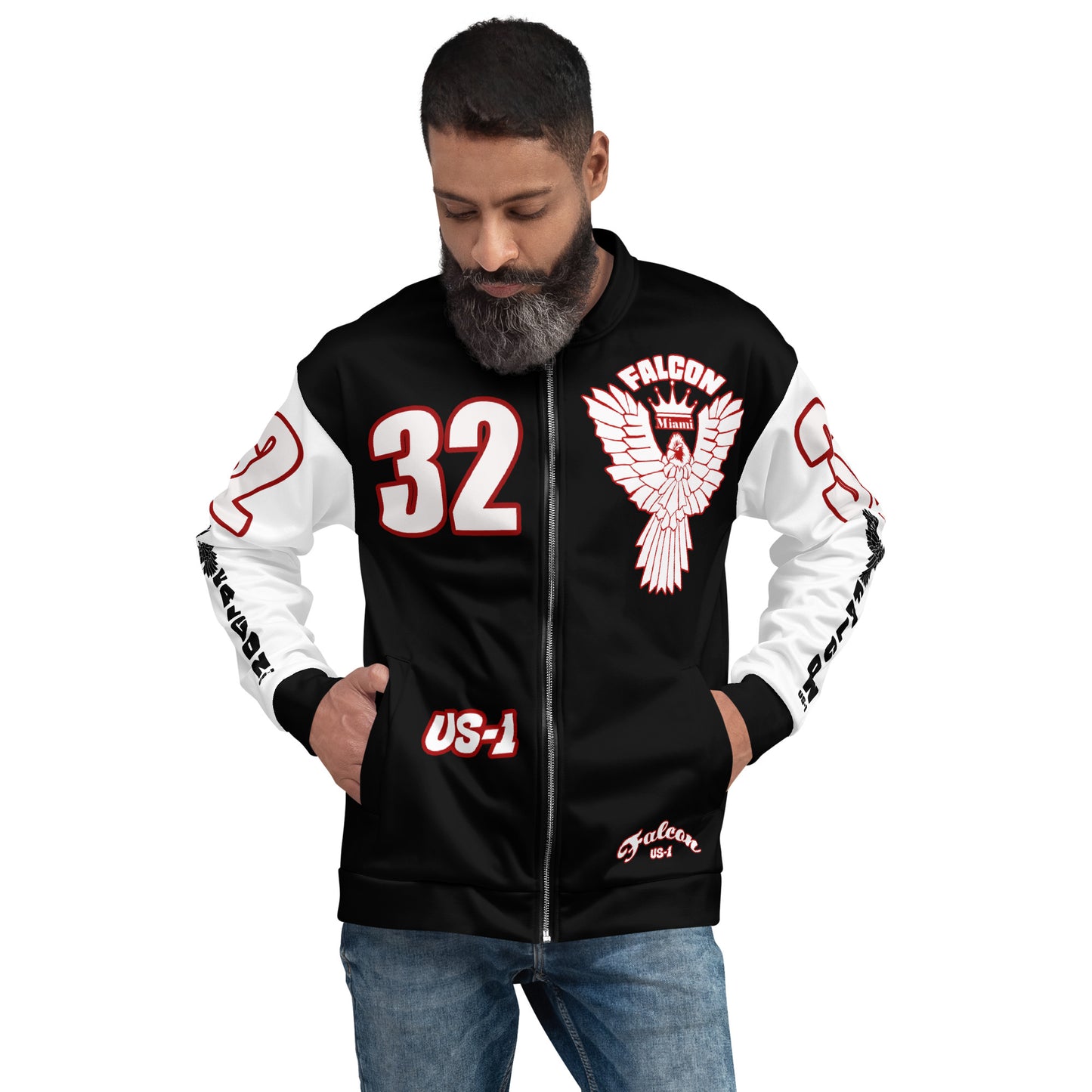 Unisex Bomber Jacket- White\Red Falcon Logo- Kings of Miami on Back