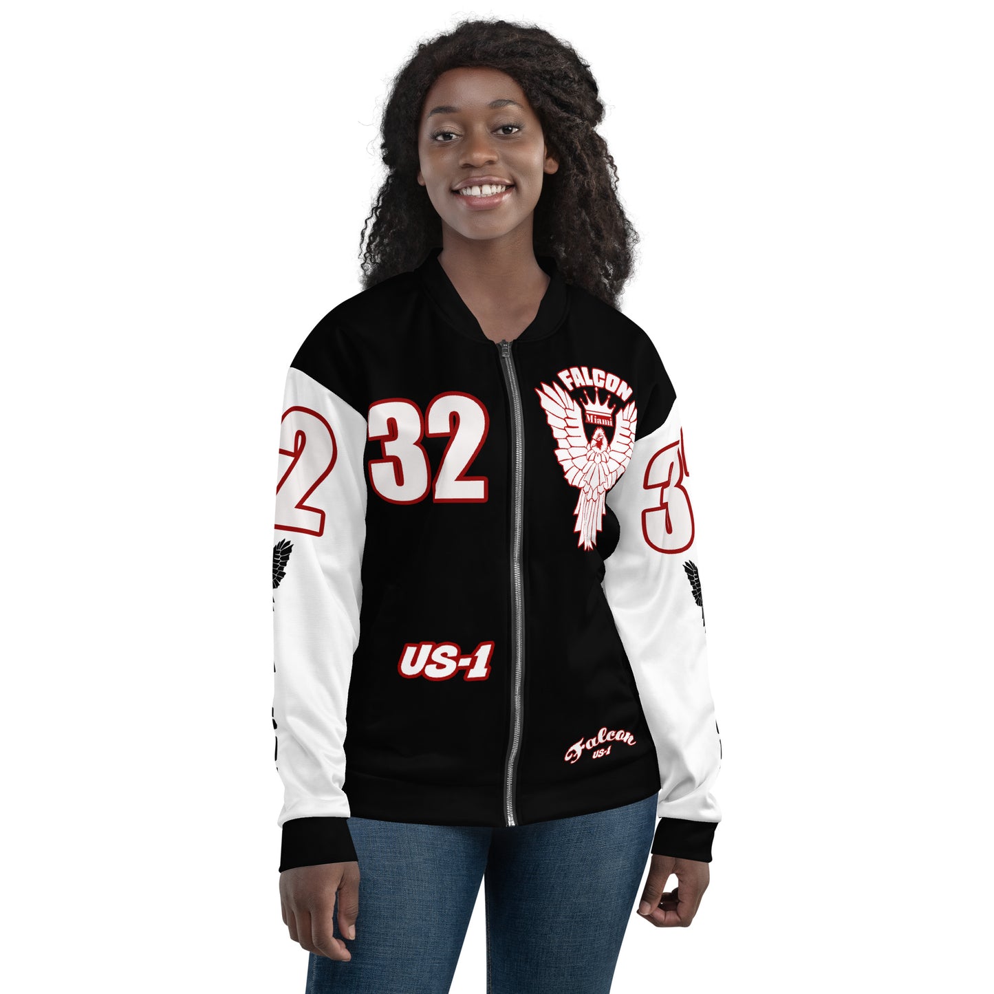 Unisex Bomber Jacket- White\Red Falcon Logo- Kings of Miami on Back