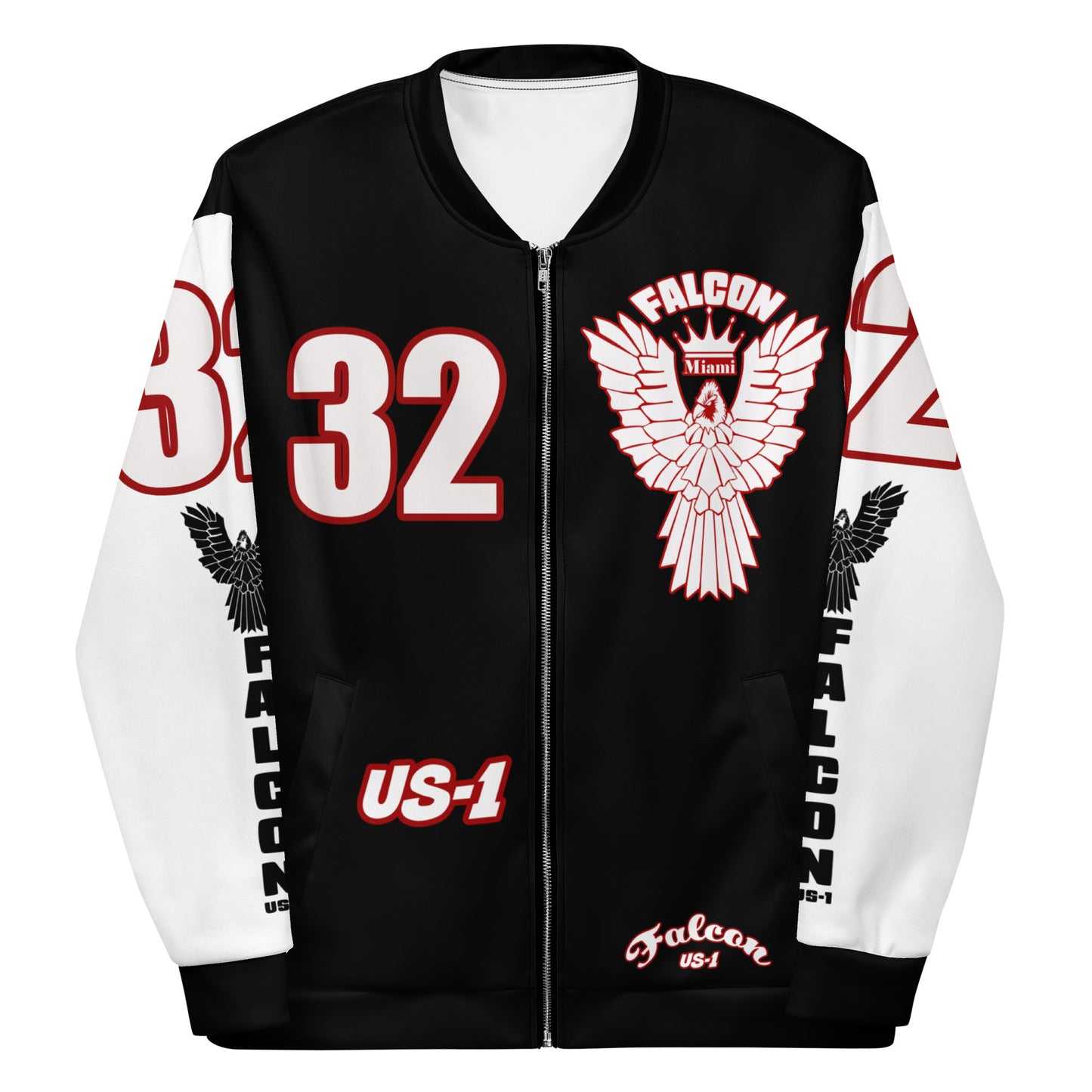 Unisex Bomber Jacket- White\Red Falcon Logo- Kings of Miami on Back