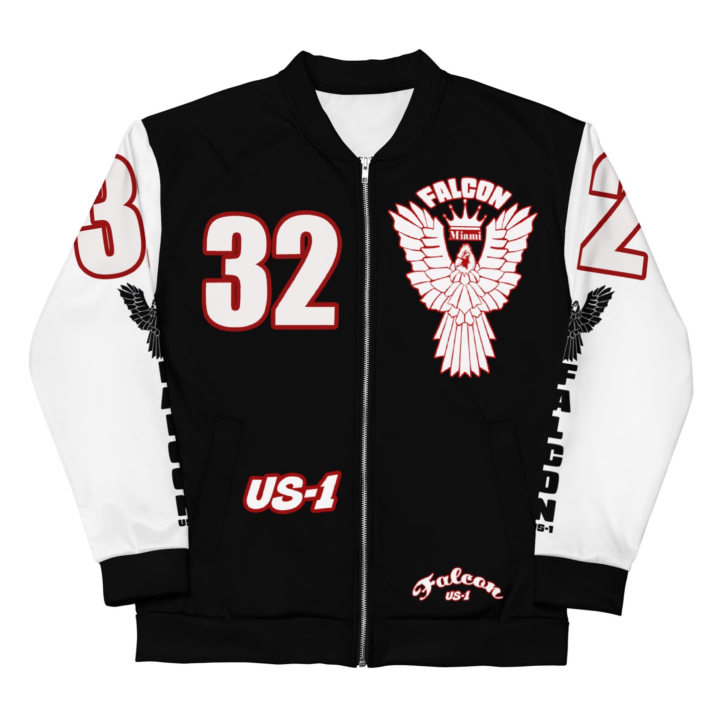Unisex Bomber Jacket- White\Red Falcon Logo- Kings of Miami on Back