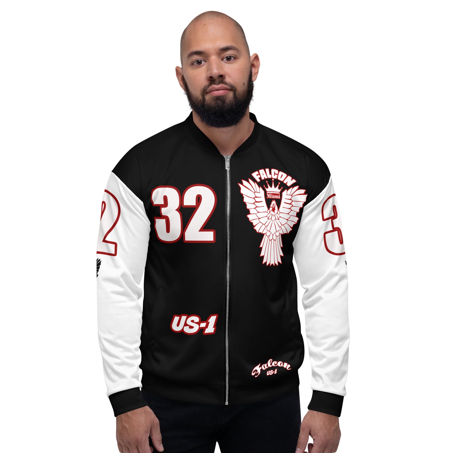 Unisex Bomber Jacket- White\Red Falcon Logo- Kings of Miami on Back