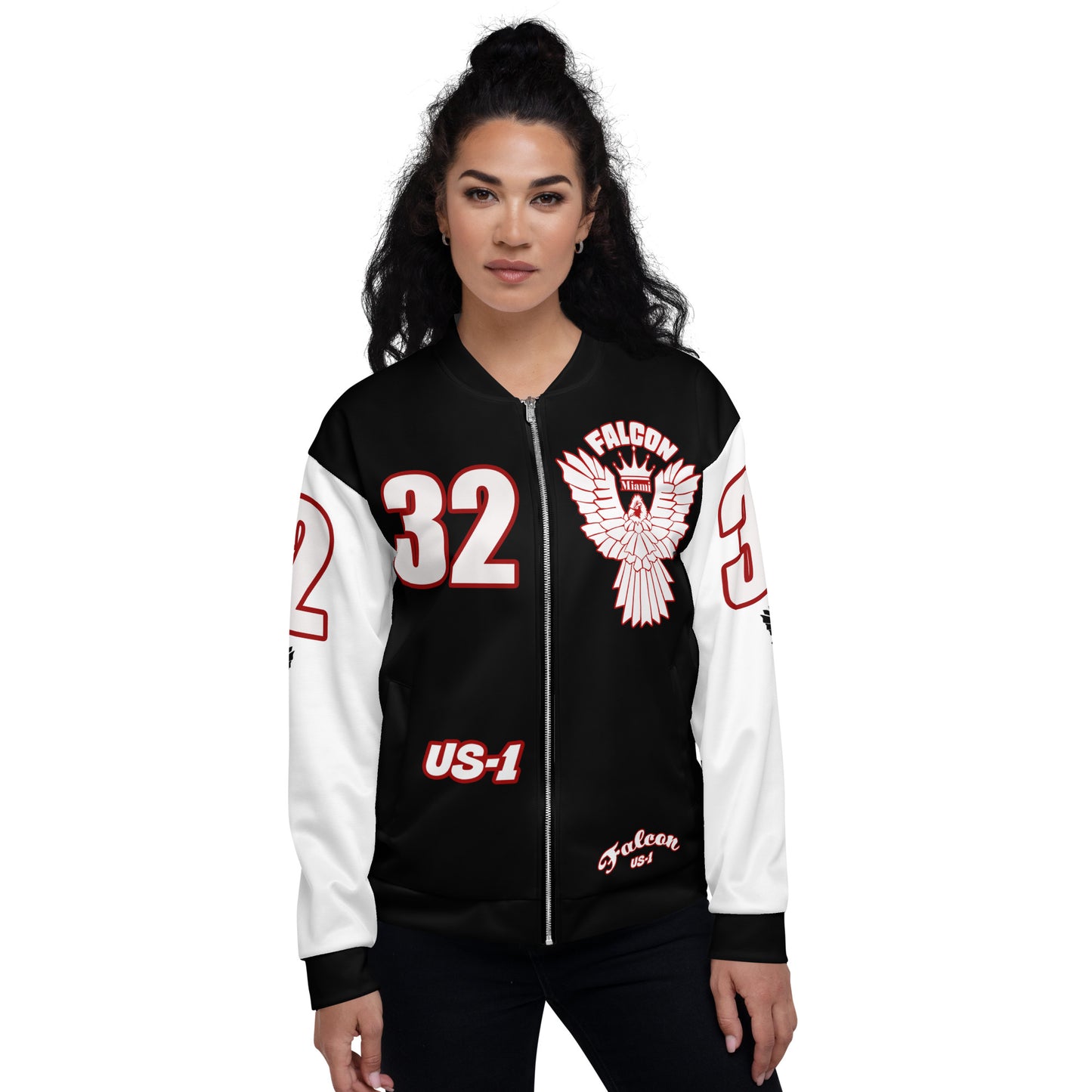 Unisex Bomber Jacket- White\Red Falcon Logo- Kings of Miami on Back
