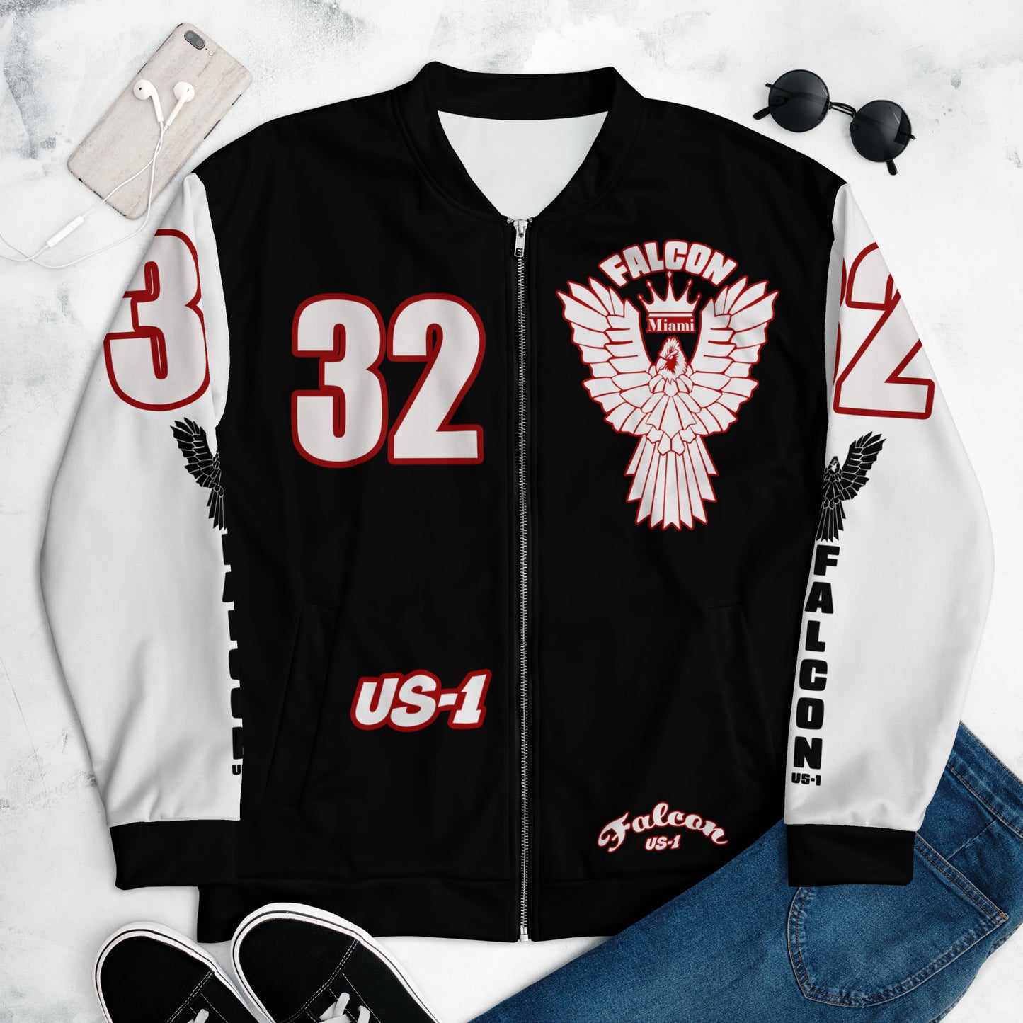 Unisex Bomber Jacket- White\Red Falcon Logo- Kings of Miami on Back