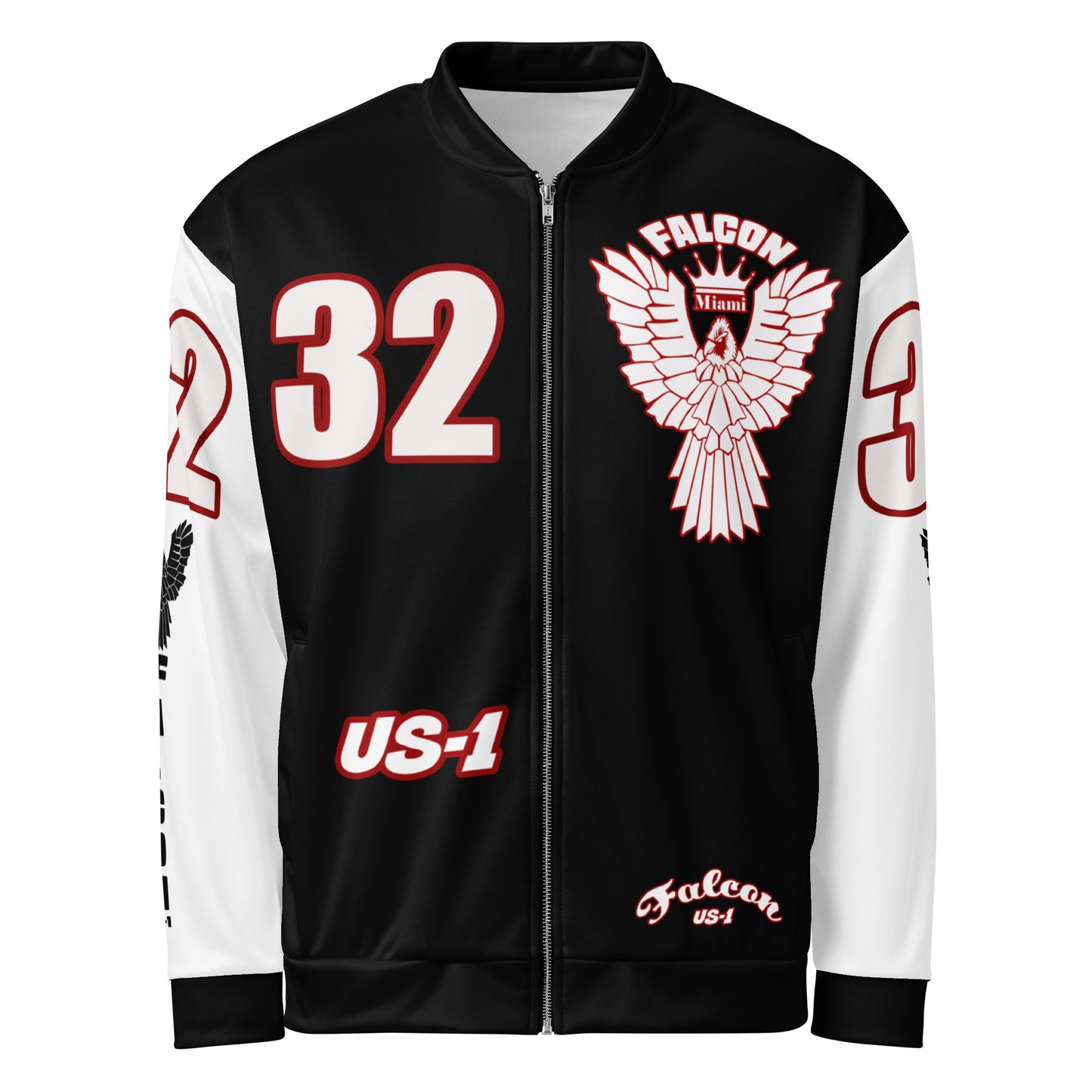 Unisex Bomber Jacket- White\Red Falcon Logo- Kings of Miami on Back
