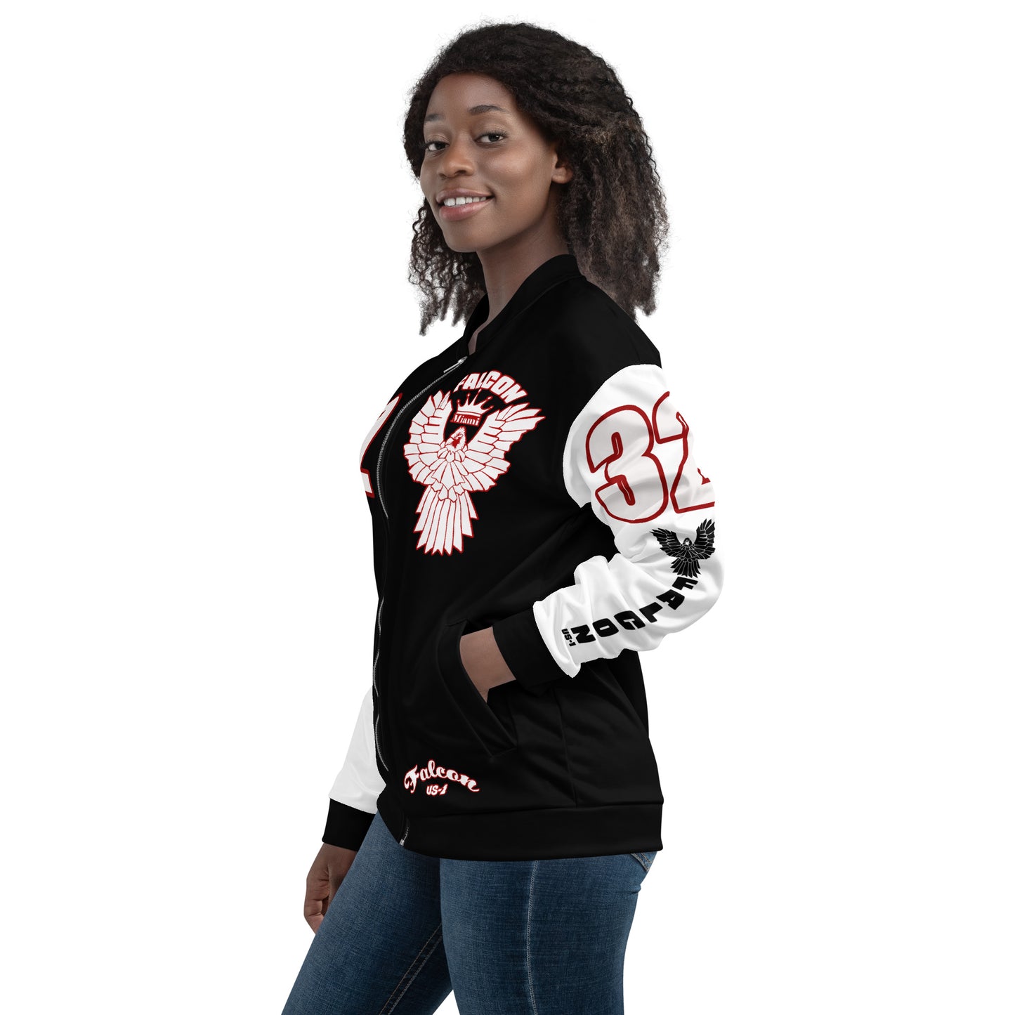 Unisex Bomber Jacket- White\Red Falcon Logo- Kings of Miami on Back