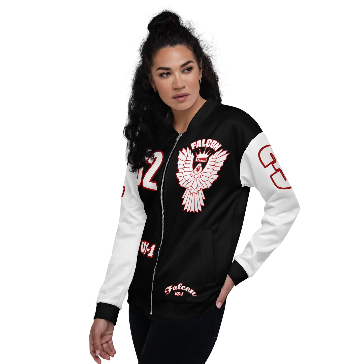 Unisex Bomber Jacket- White\Red Falcon Logo- Kings of Miami on Back