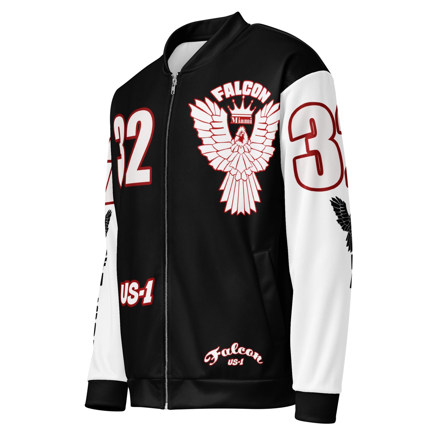 Unisex Bomber Jacket- White\Red Falcon Logo- Kings of Miami on Back