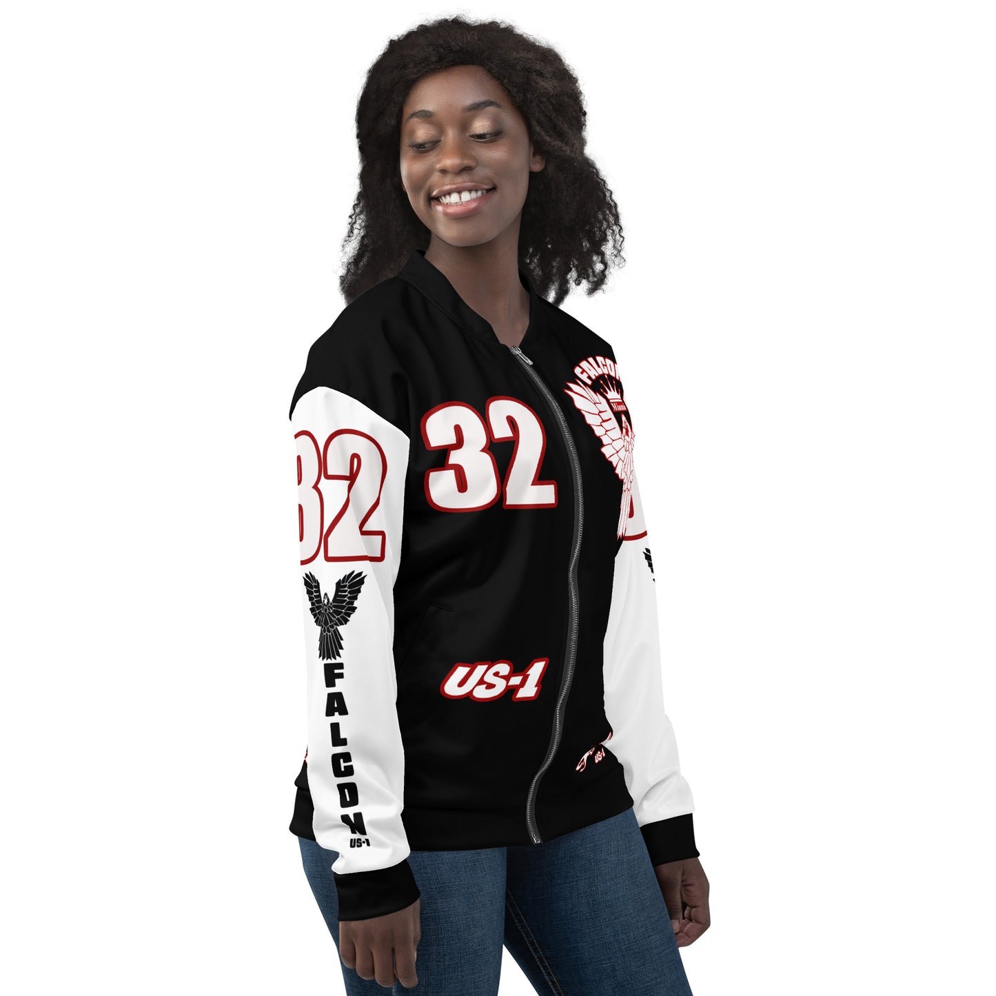 Unisex Bomber Jacket- White\Red Falcon Logo- Kings of Miami on Back