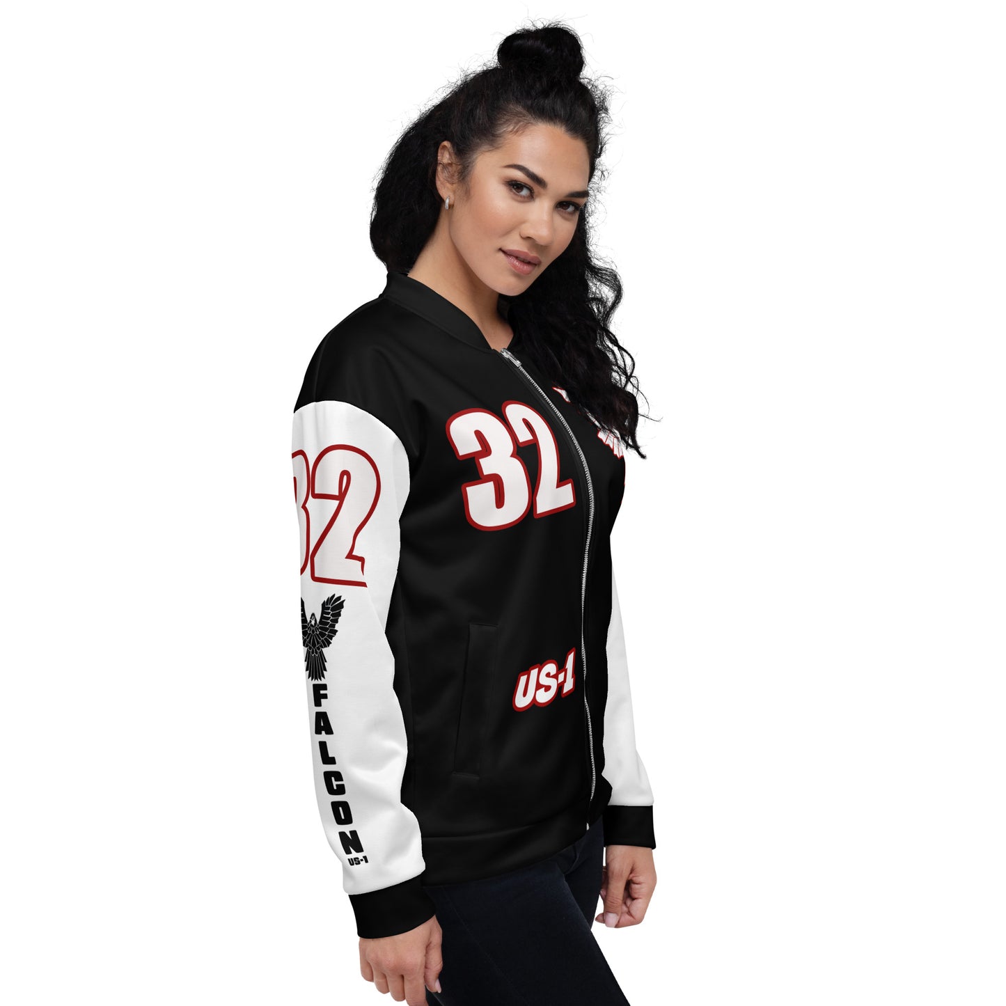Unisex Bomber Jacket- White\Red Falcon Logo- Kings of Miami on Back