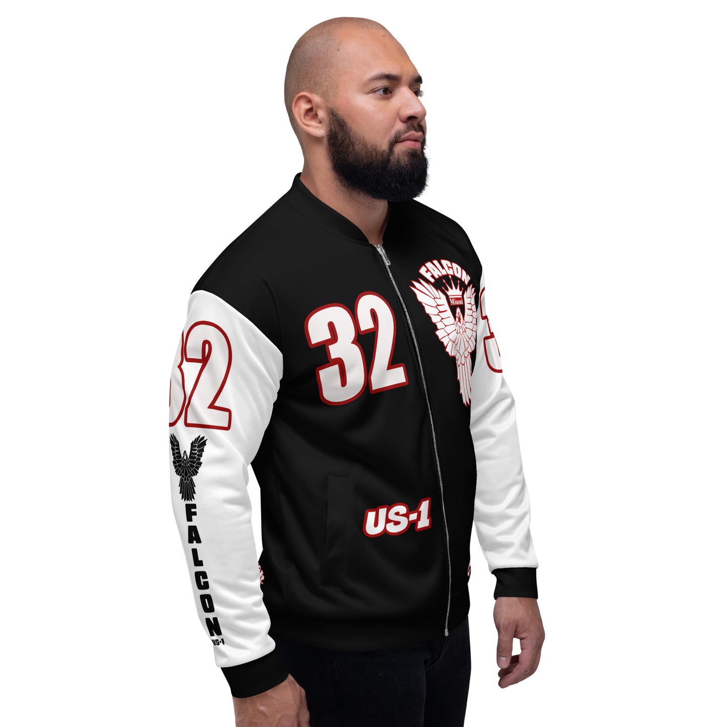 Unisex Bomber Jacket- White\Red Falcon Logo- Kings of Miami on Back