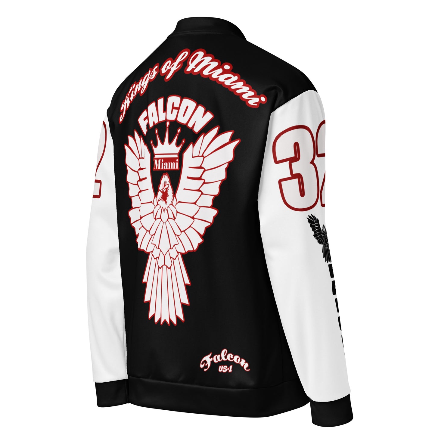 Unisex Bomber Jacket- White\Red Falcon Logo- Kings of Miami on Back