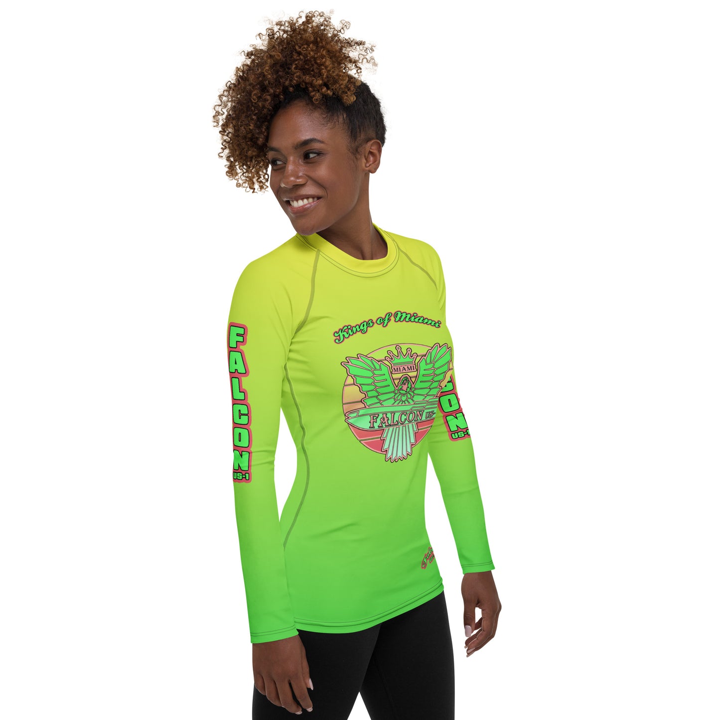 Women's Rash Guard - Falcon Retro Key Lime Green Sunburst Logo- Kings of Miami Edition(Thick material\slim-fitted)