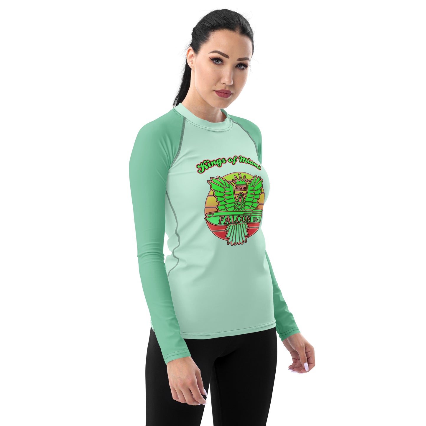 Women's Rash Guard - Falcon Retro Key Lime Green Sunburst Logo- Kings of Miami Edition(Thick material\slim-fitted)