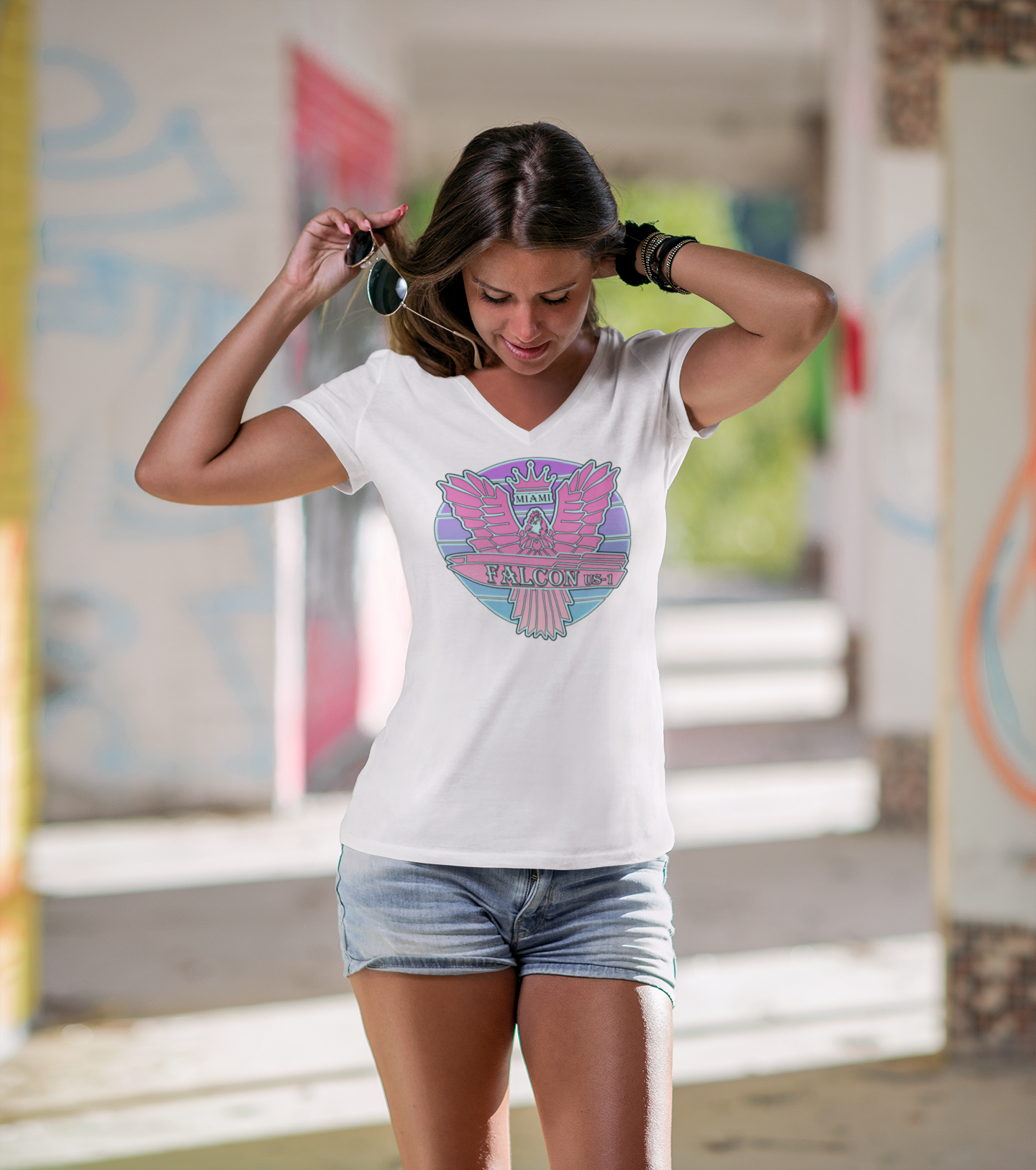 Women's Short Sleeve V-Neck T-Shirt - Falcon US-1 Retro Pink Sunburst