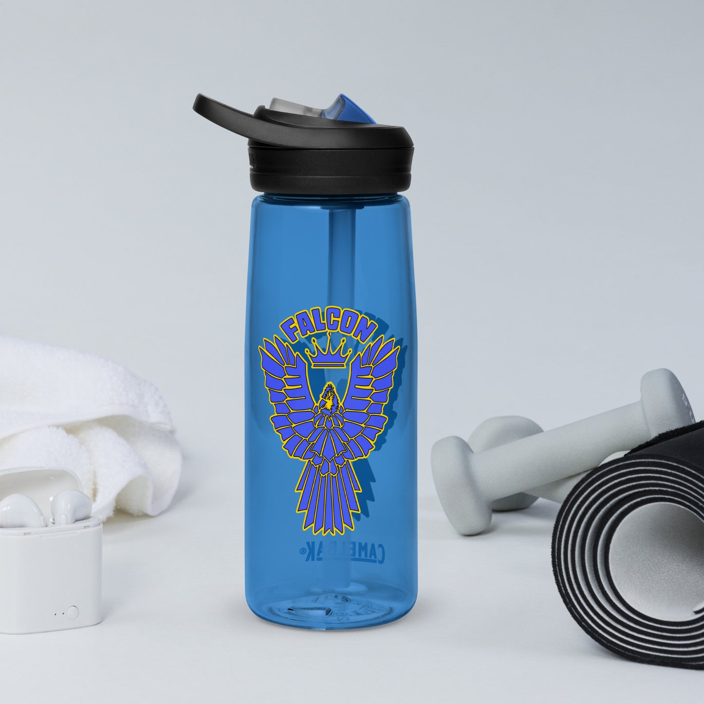 Falcon Logo Sports water bottle - Blue on Gold