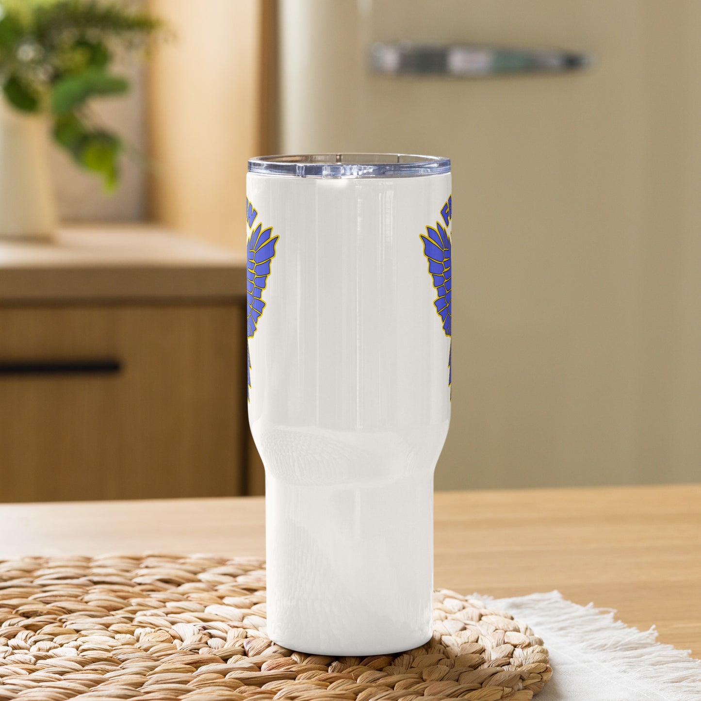 Falcon Logo Travel mug with a handle - Blue on Gold