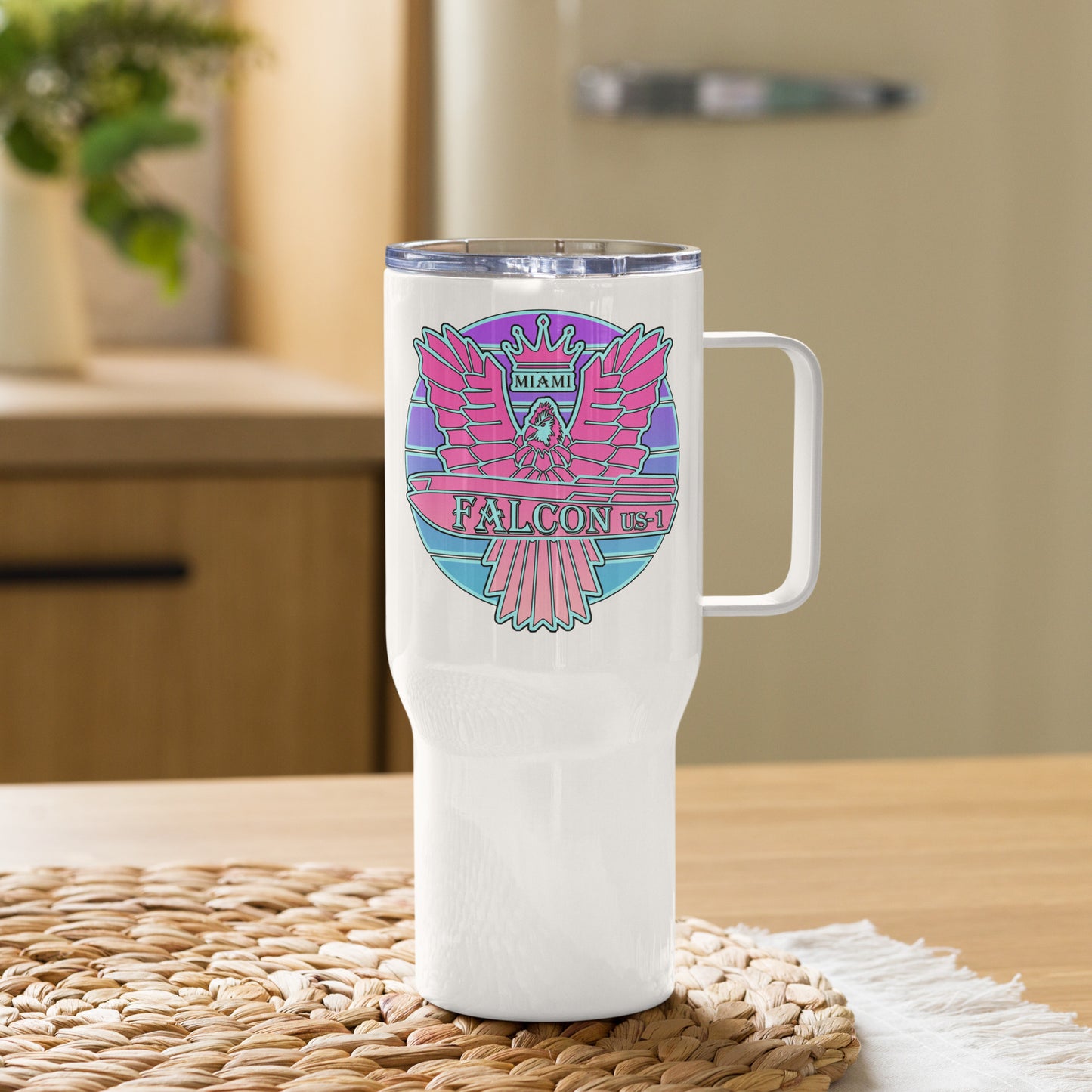 Falcon US-1 Travel mug with a handle - Retro Pink Sunburst
