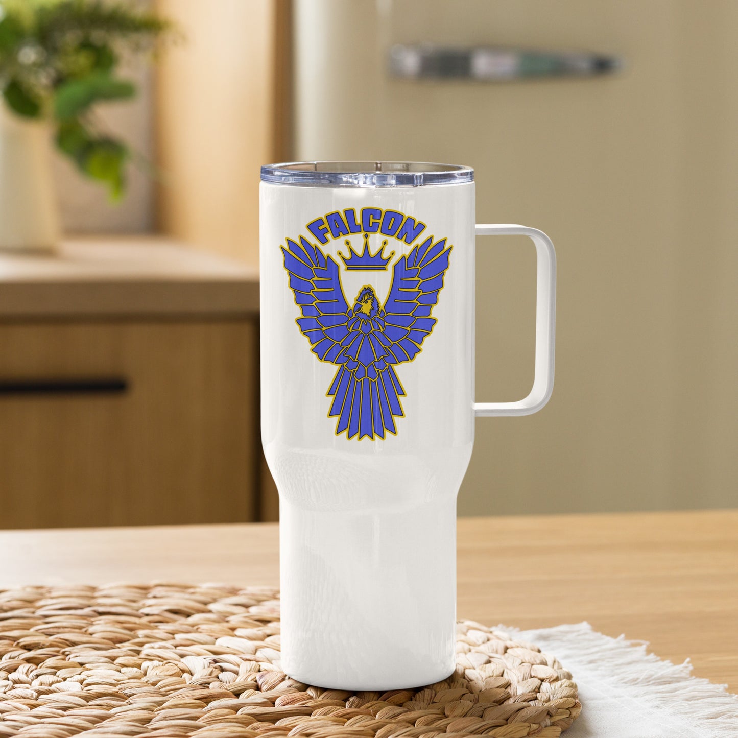 Falcon Logo Travel mug with a handle - Blue on Gold