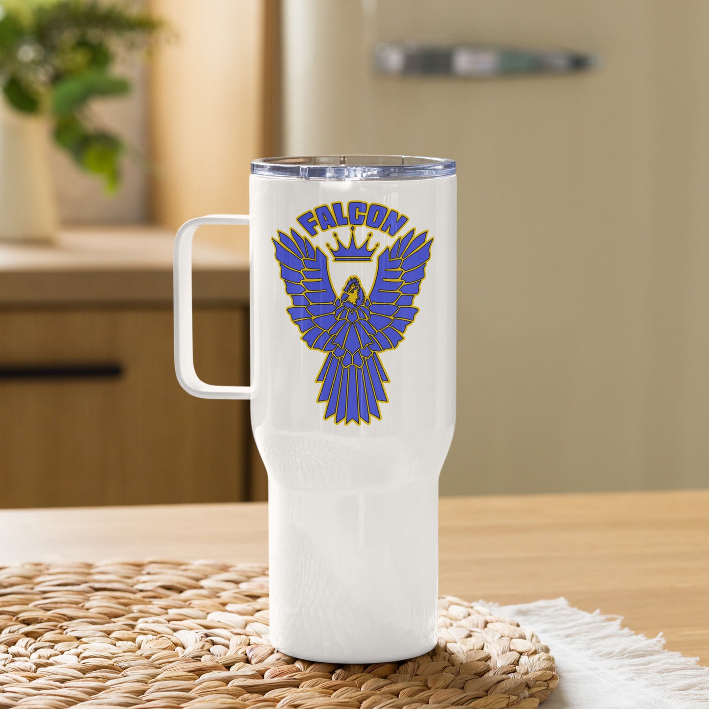 Falcon Logo Travel mug with a handle - Blue on Gold