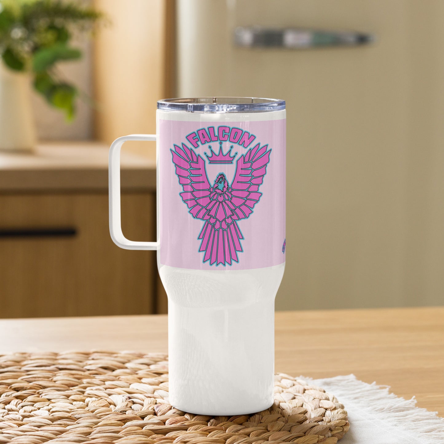 Travel mug with a handle- Falcon US-1 Retro Pink Logo